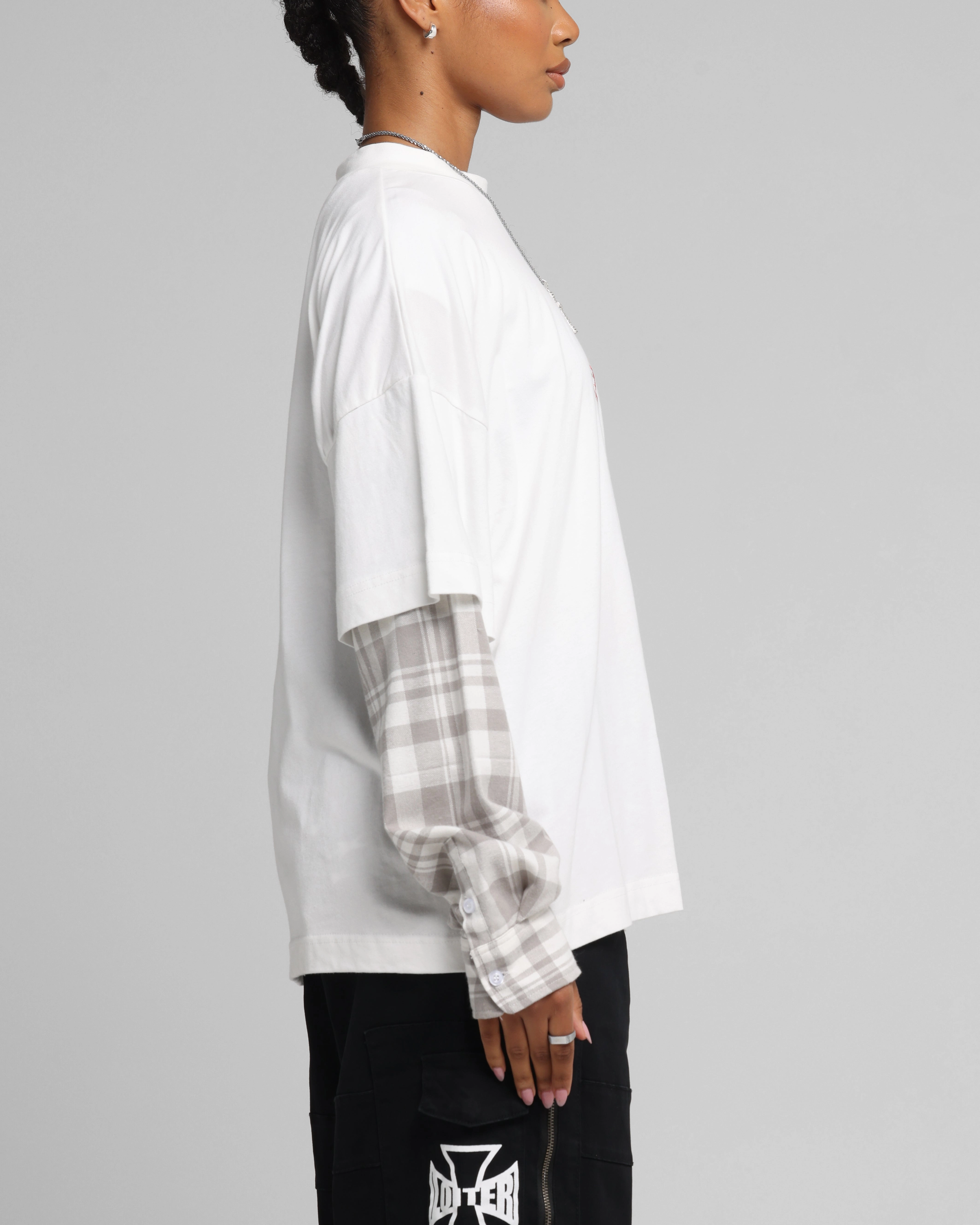 Loiter Layered Flannel T-Shirt Cream Chic