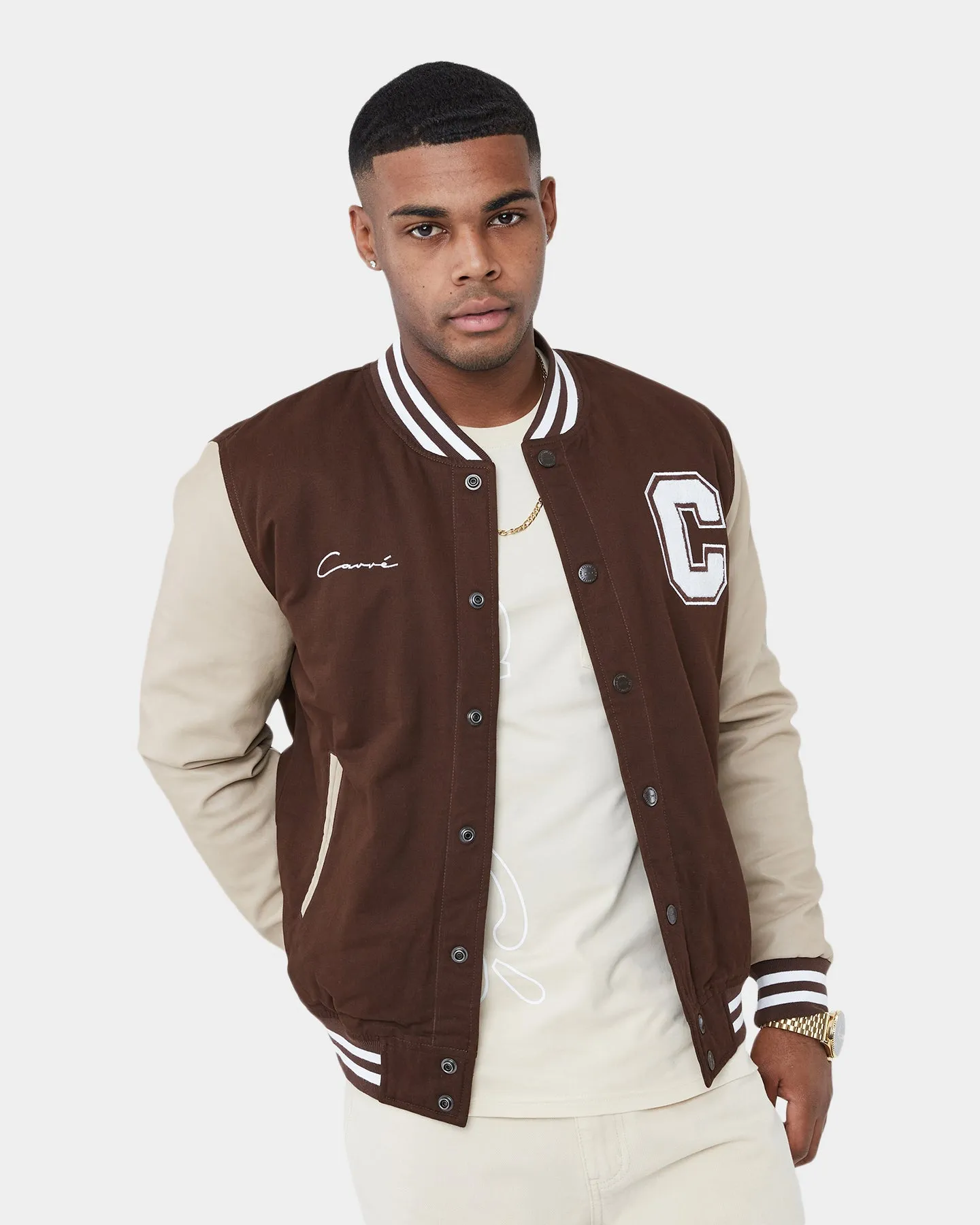 Multi Panel Construction Weatherproof Zippers Carr?? MVP Varsity Jacket Brown/Cream