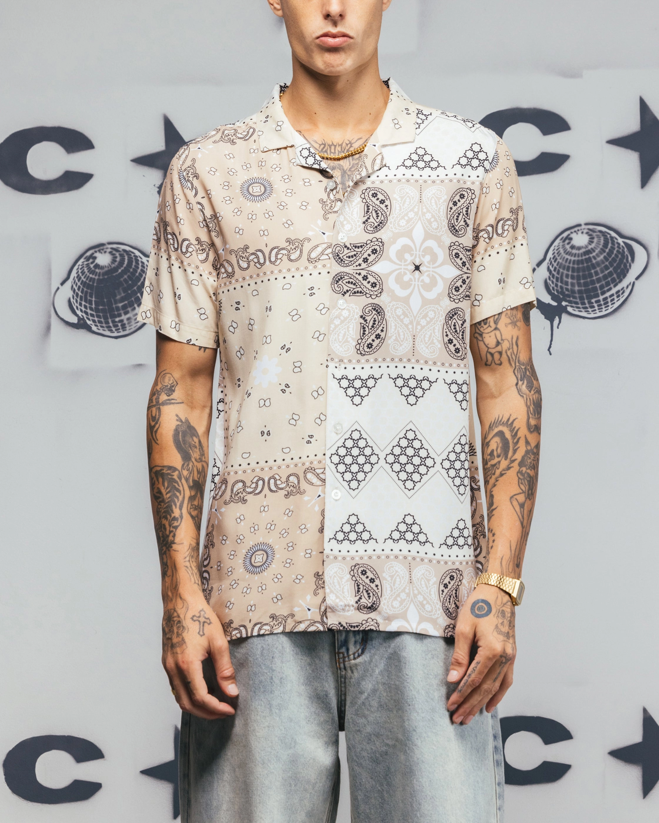 Geometric Pattern Carr?? Bandana Ultra Button Up Shirt Stone