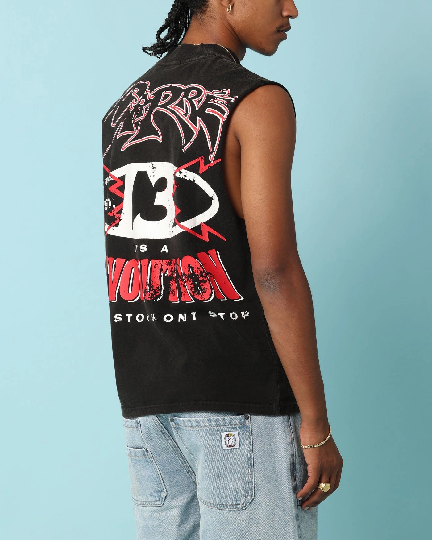 V neck Linen blend Carr?? Rev 13 Muscle T-Shirt Vintage Black