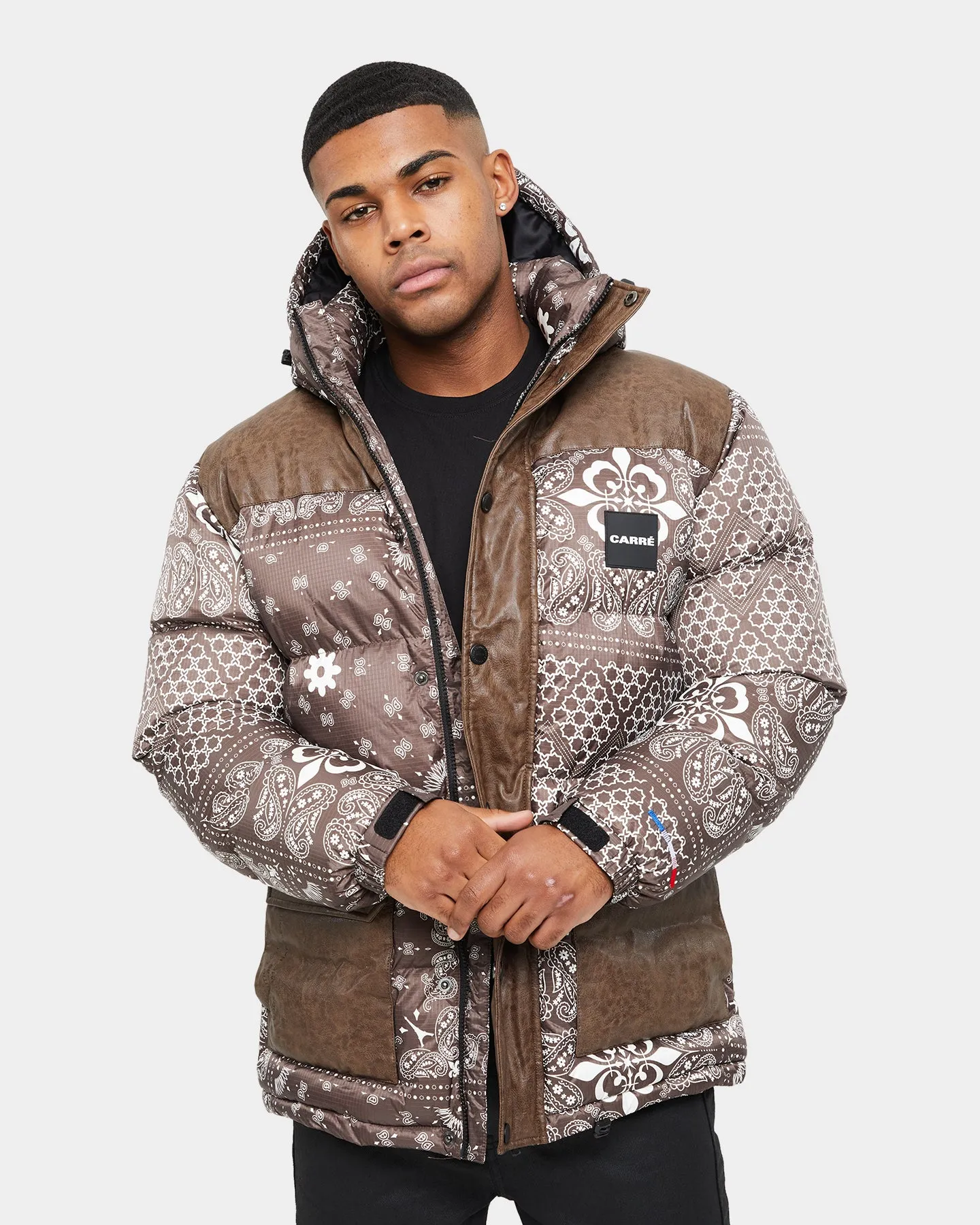 Carre Bandana Ultra Roadman Puffer Jacket Dark Brown Noise Free Material