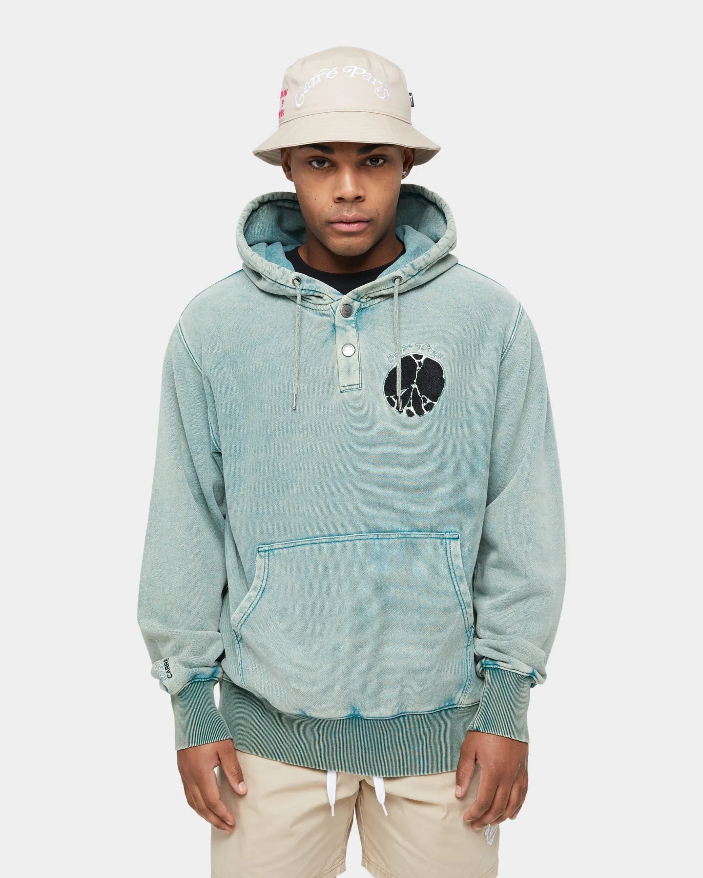 Carre Peace Button Up Hoodie Washed Green Bohemian All-Weather Comfort