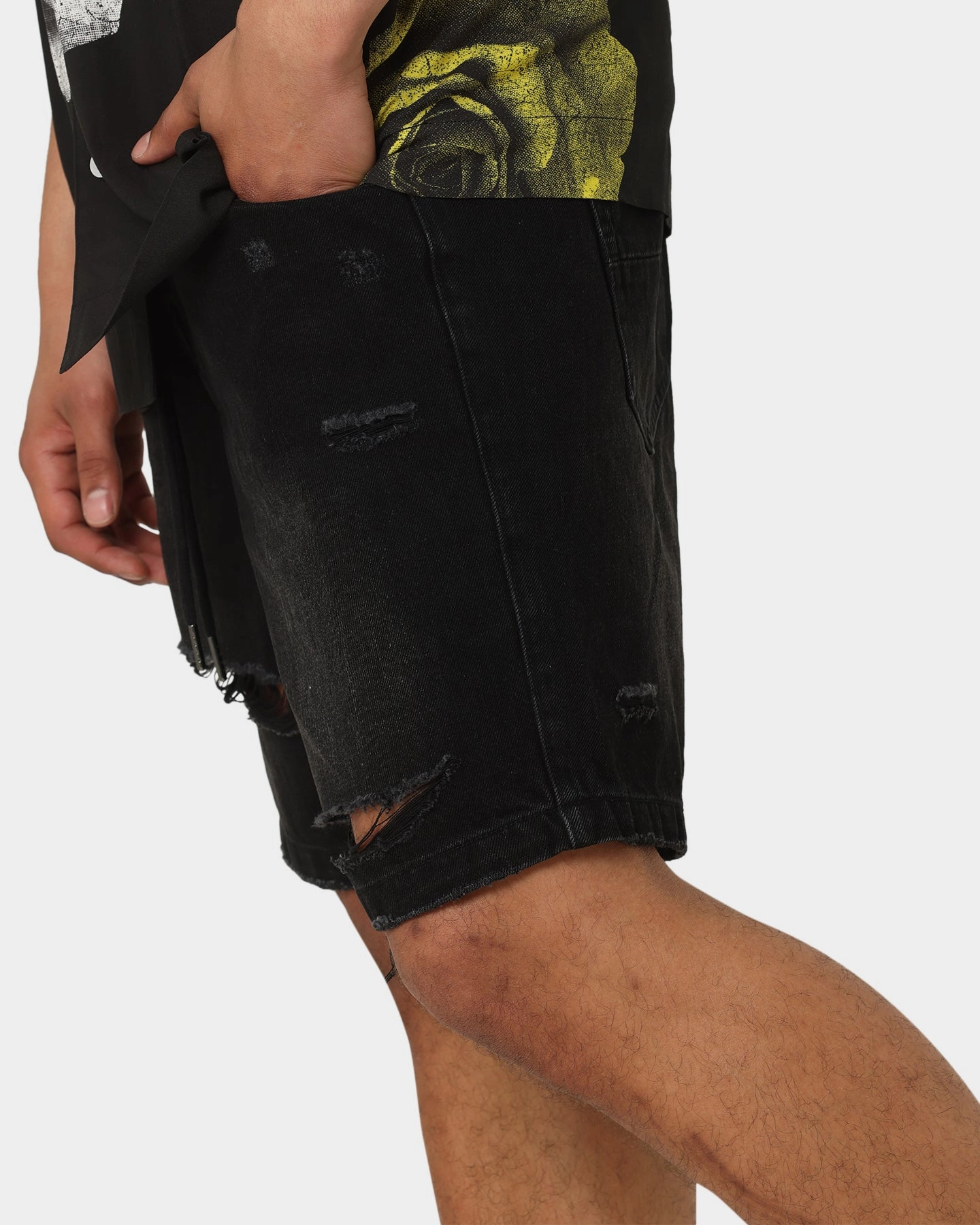 Carre Bouffant Distressed Shorts Black DoubleStitchedSeams Fun Design