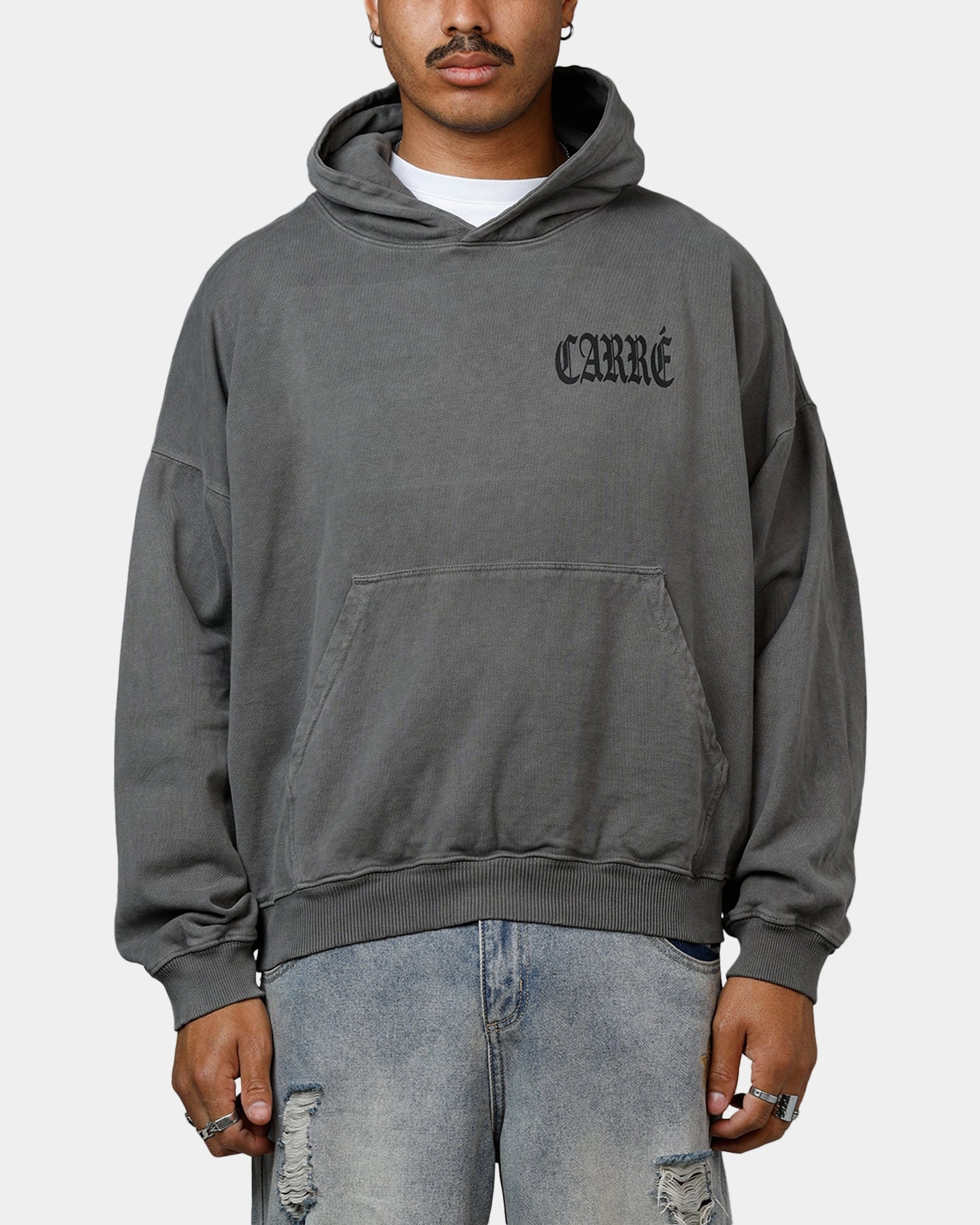 Perforated Details Carre Bulldog Premium Hoodie Washed Charcoal