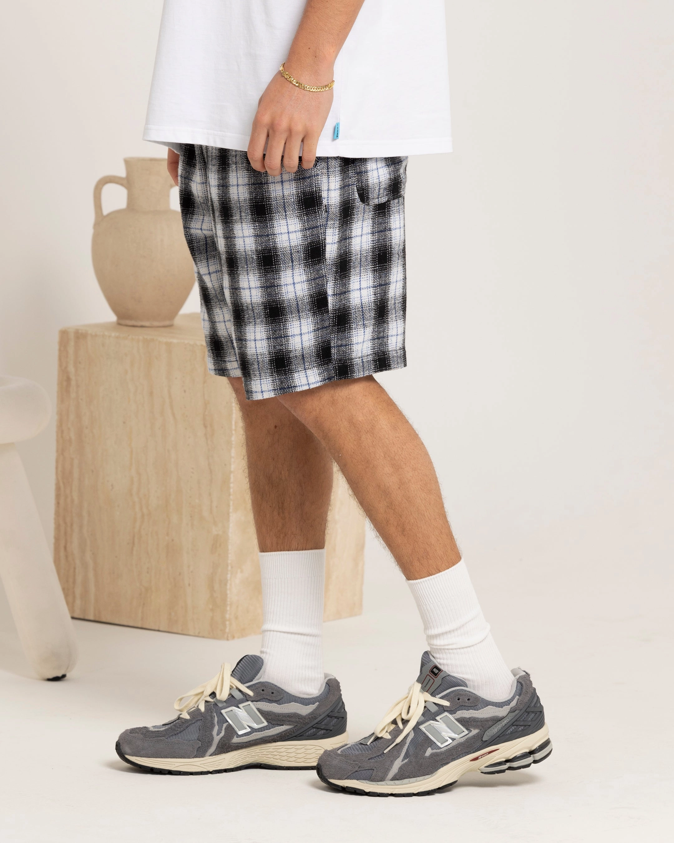 Carre Daily Shorts Black Plaid Linen shorts Adjustable Waistband