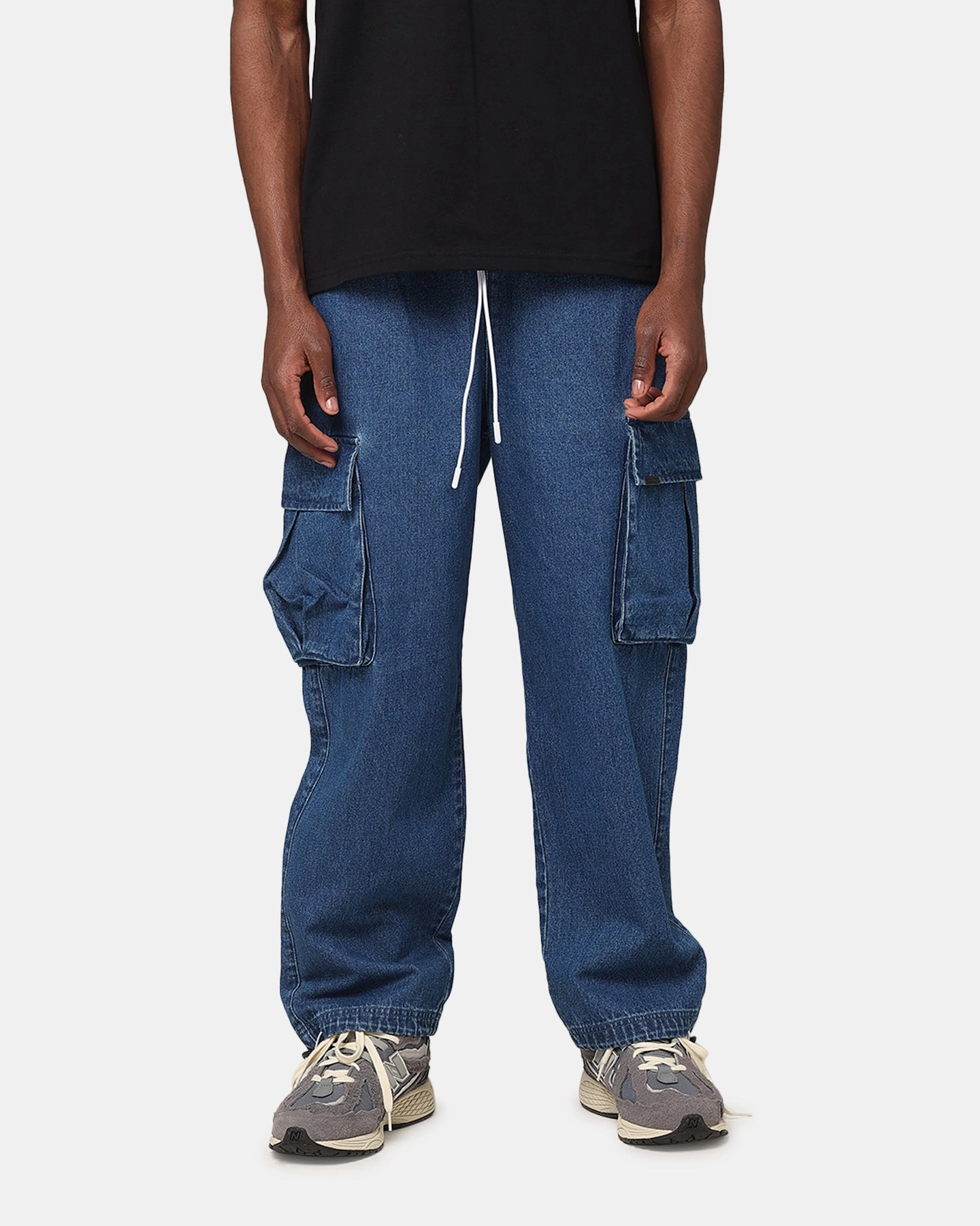Carre Denim Superior Cargo Joggers Mid Blue Denim Tapered Look DoubleLayeredHem