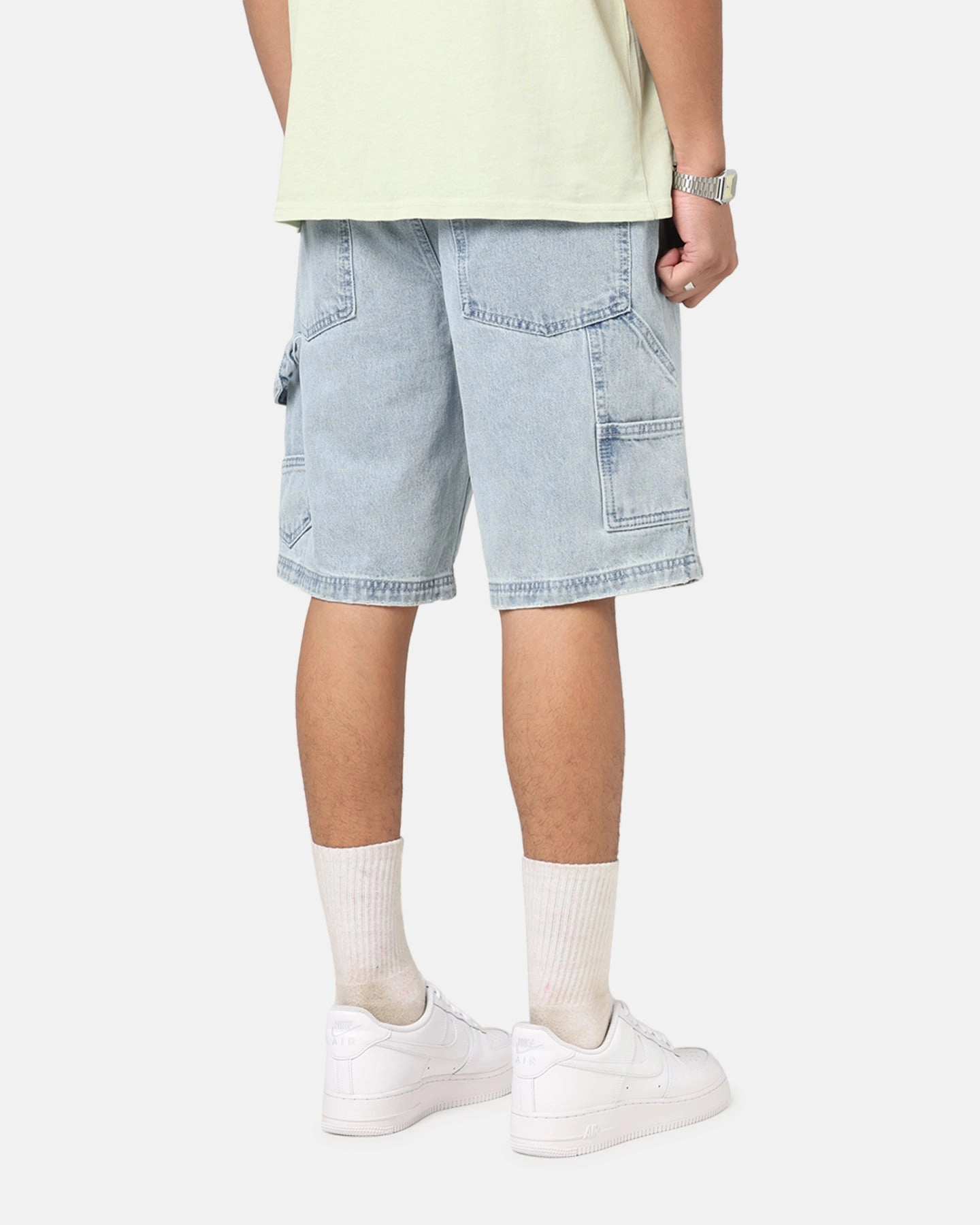 Carre Distressed Carpenter Jorts Light Blue Wash Sun Protection Fabric Compact Storage Feature