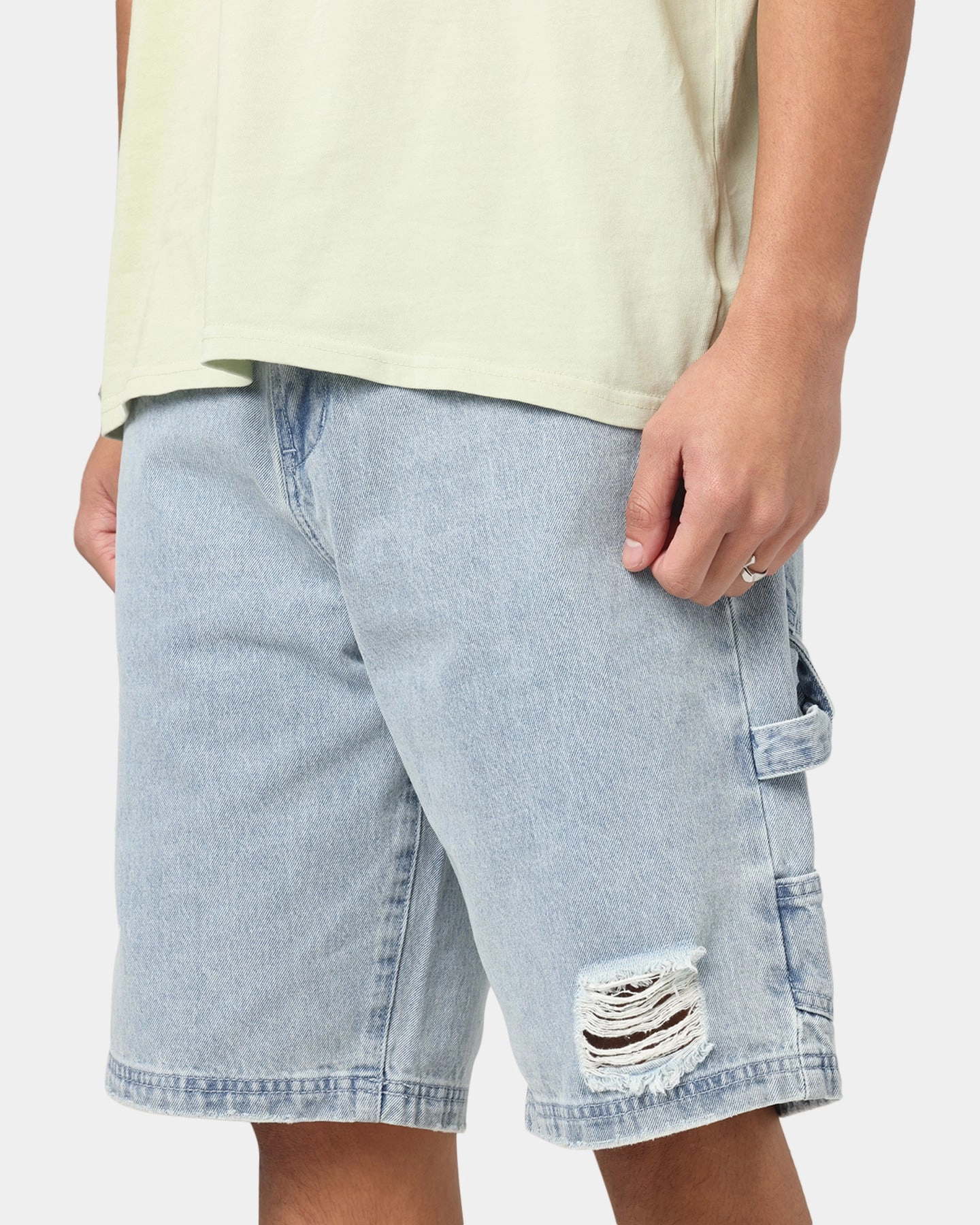 Carre Distressed Carpenter Jorts Light Blue Wash cool tones mix and match