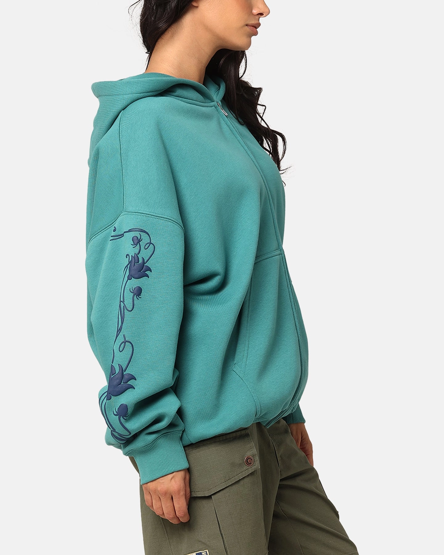 Carre Flower Bomb Full Zip Hoodie Oxidized Green Grid Fleece Lining Softshell Fabric
