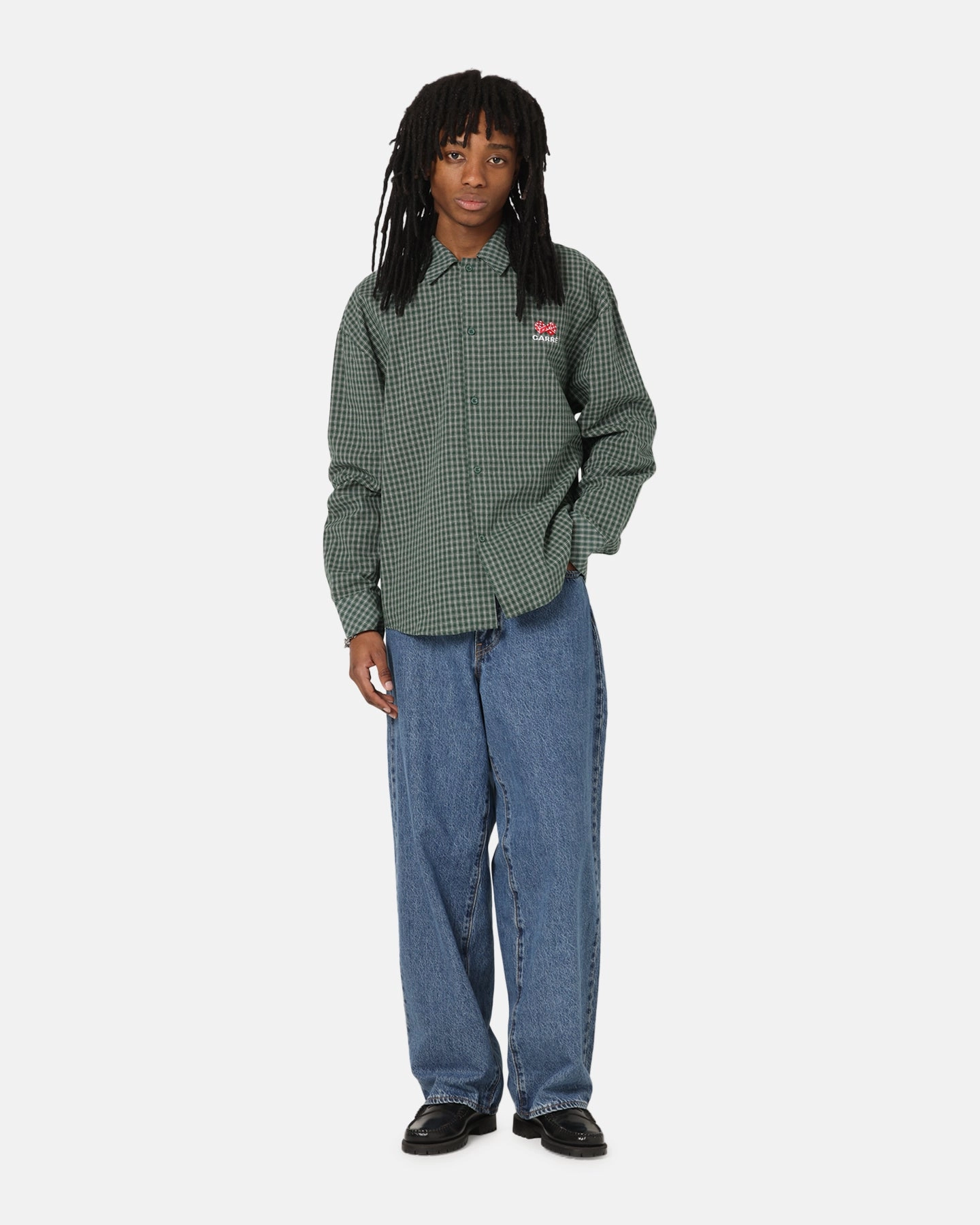 natural fiber Abstract print Carre Motion Long Sleeve Button Up Shirt Green Check