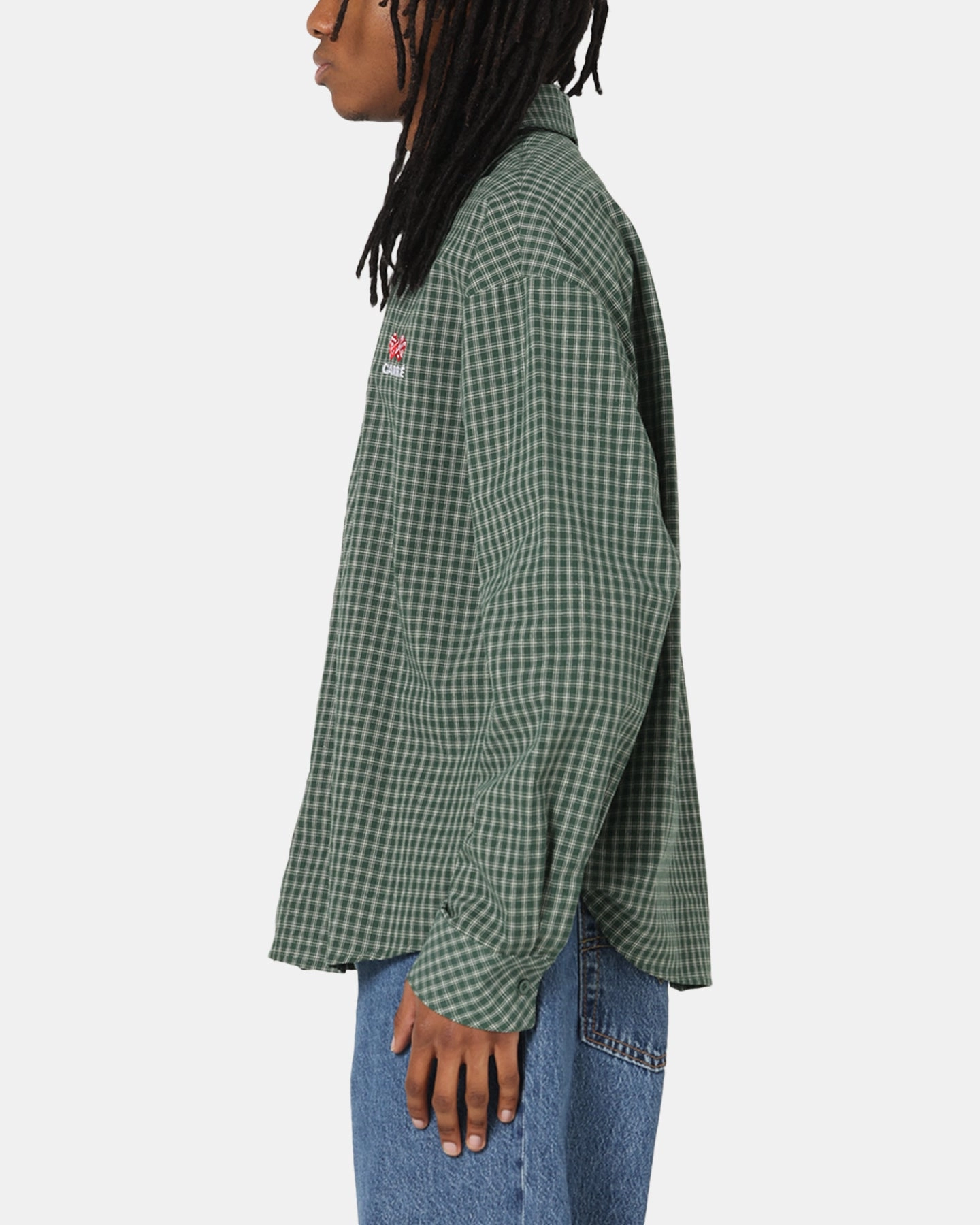 Soft Texture Carre Motion Long Sleeve Button Up Shirt Green Check