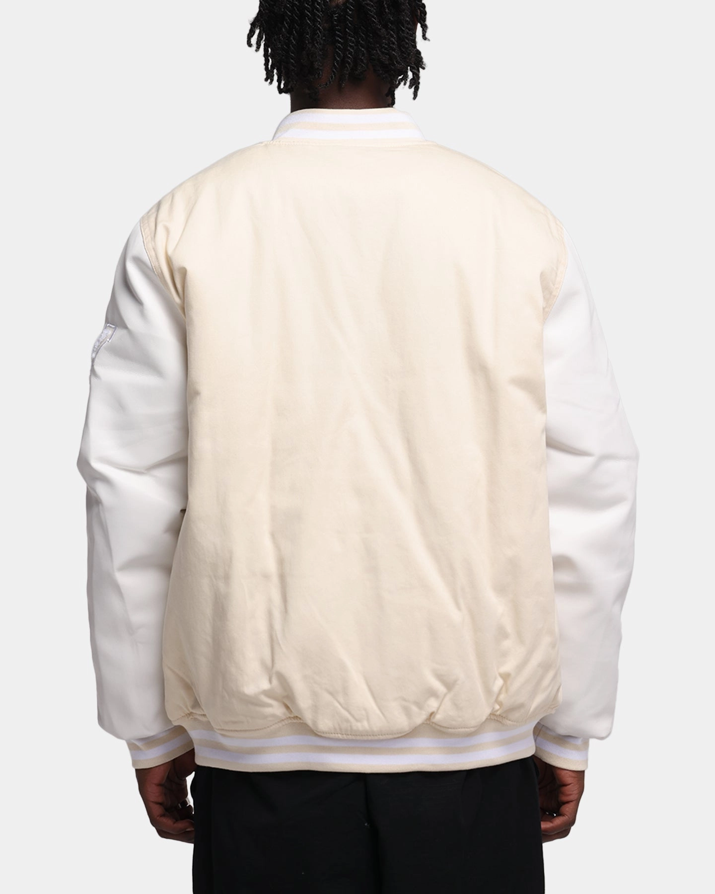 Raglan Sleeve Construction Collaborate Carre MVP Varsity Jacket Cream/White