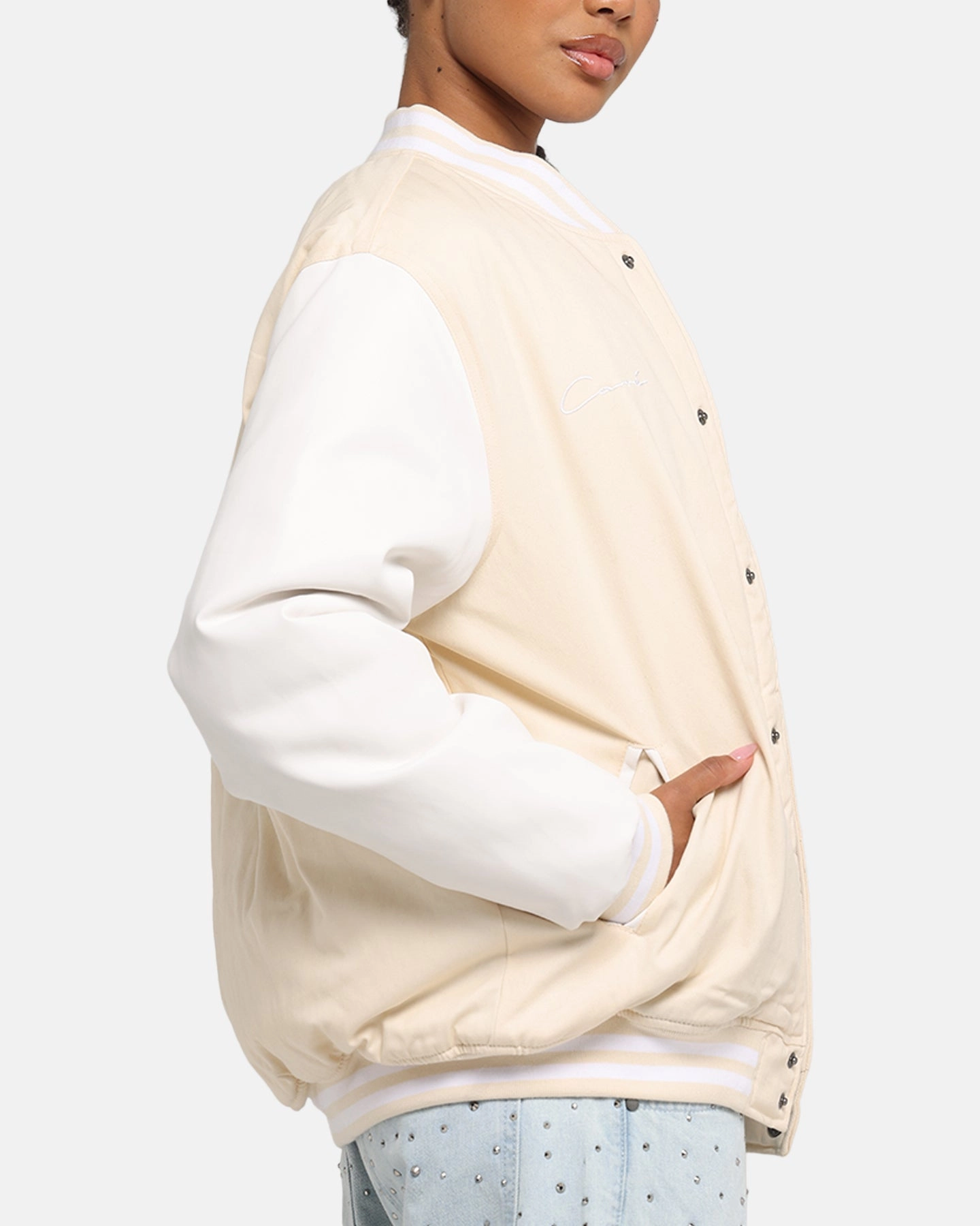 Wrinkle Resistant Material Carre MVP Varsity Jacket Cream/White