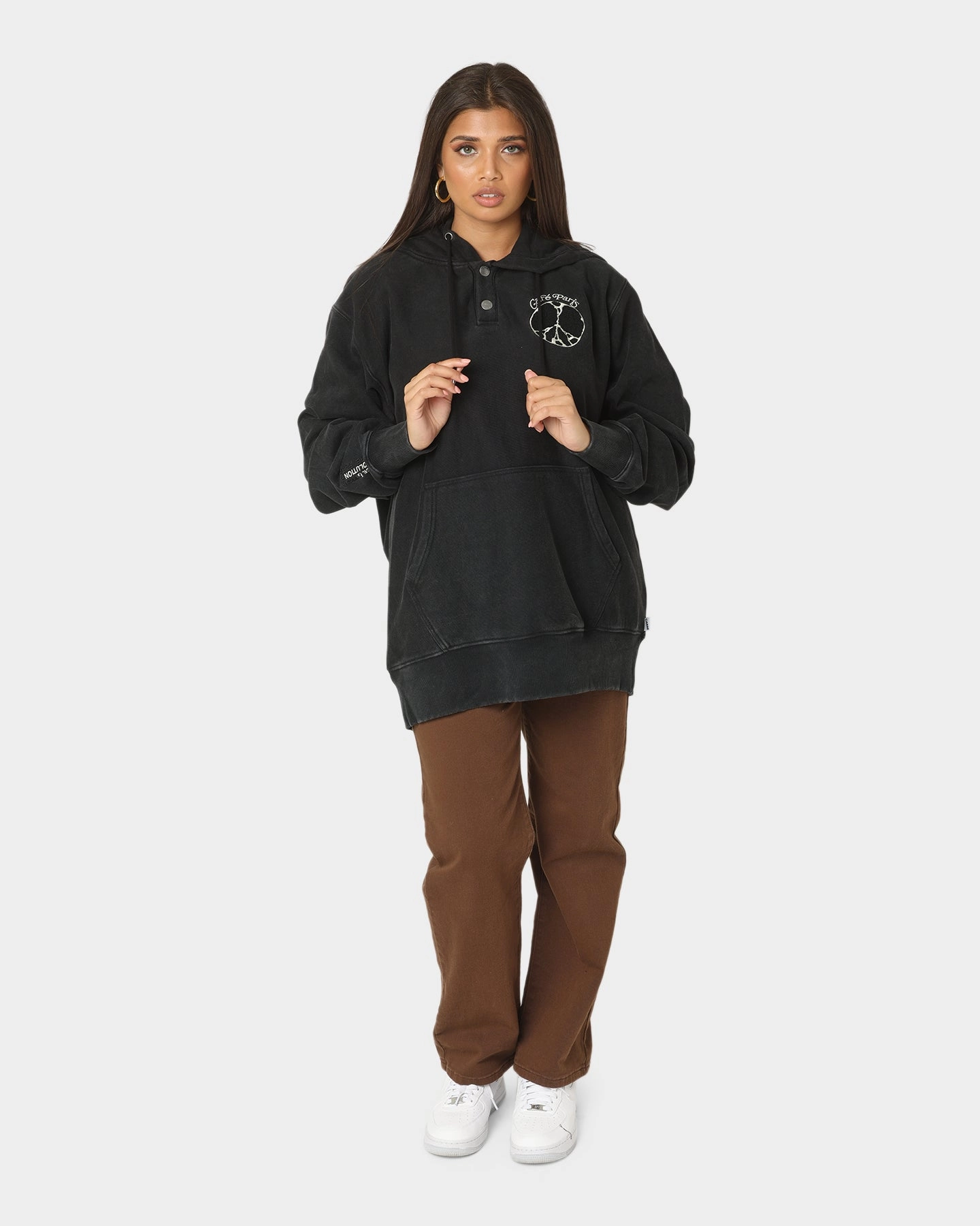 Carre Peace Button Up Hoodie Washed Black Modern Outerwear Weekend Fit