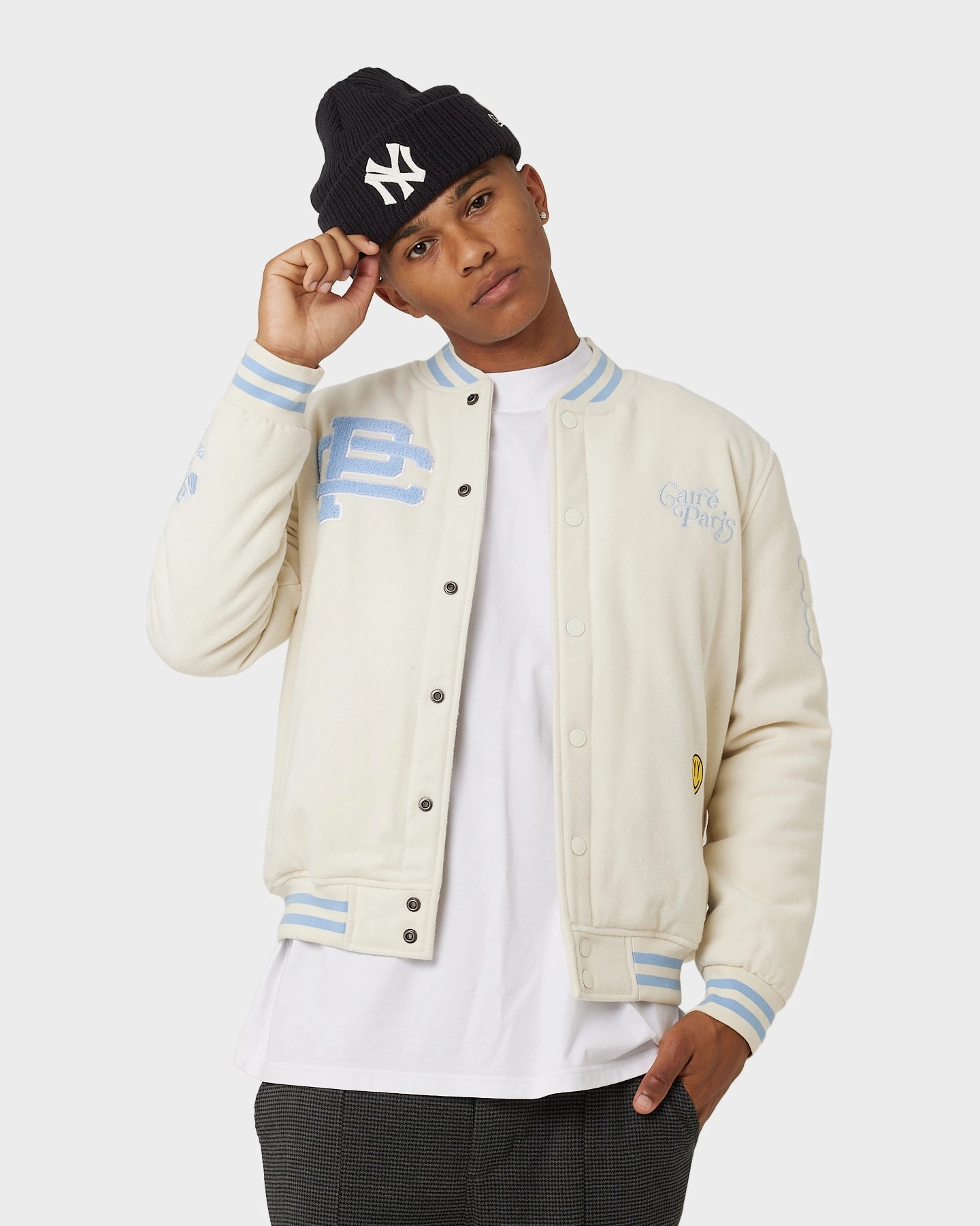 Carre Peace Varsity Jacket Off White/Blue suitable for video shooting