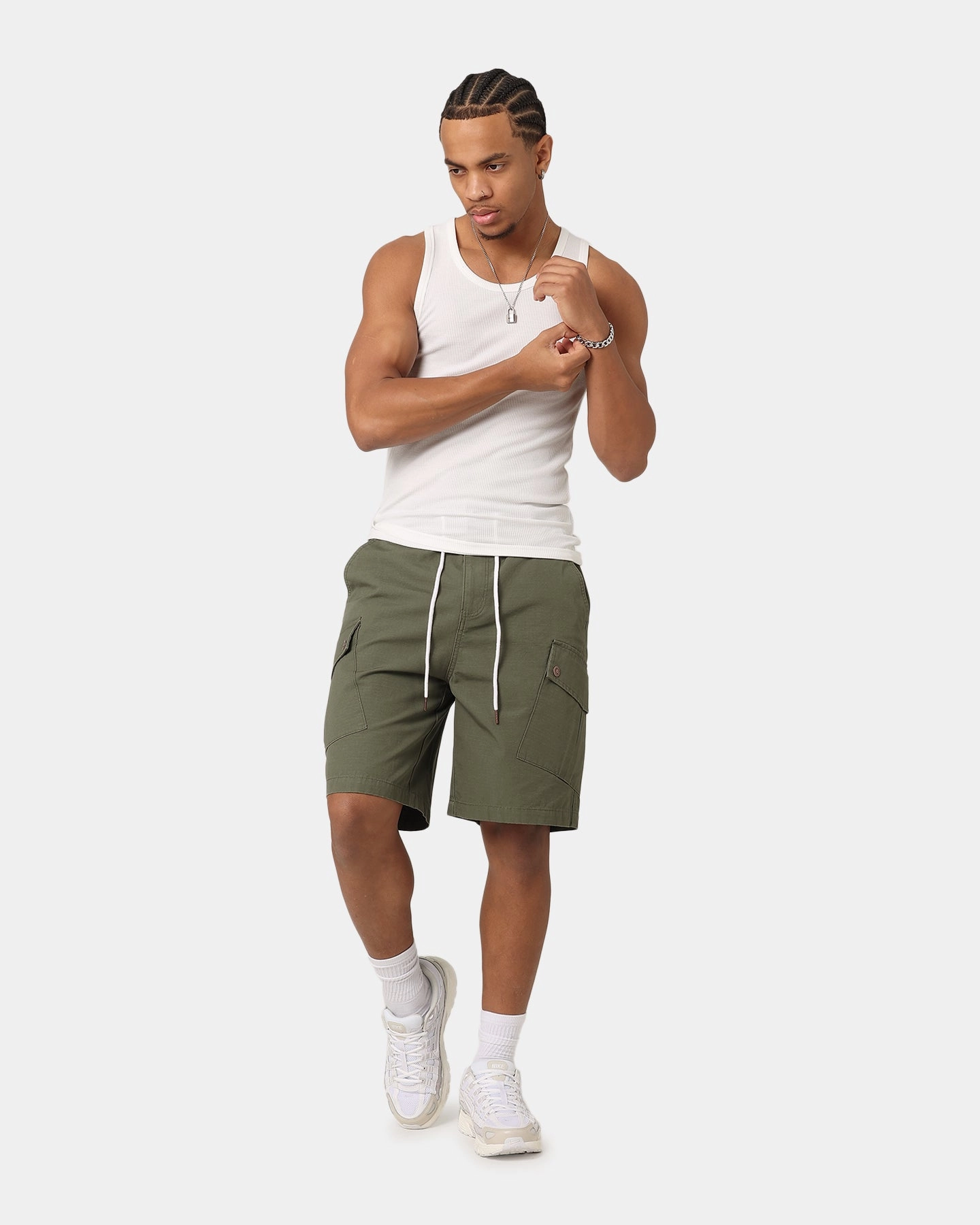 Stretch Fabric Neutral Tones Carre Quality Cargo Shorts Green
