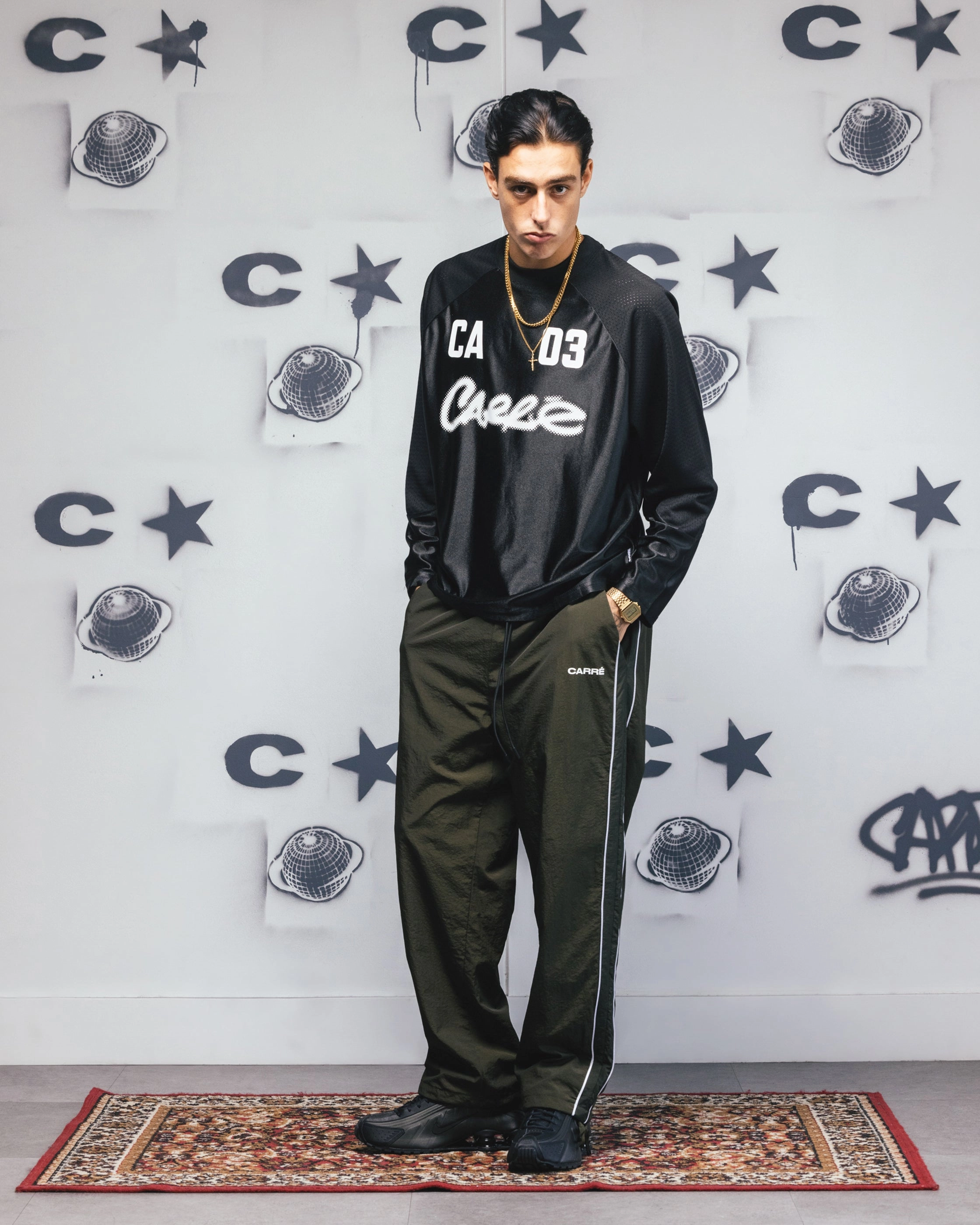 Carre Rally Panelled Nylon Joggers Khaki Striped Pattern