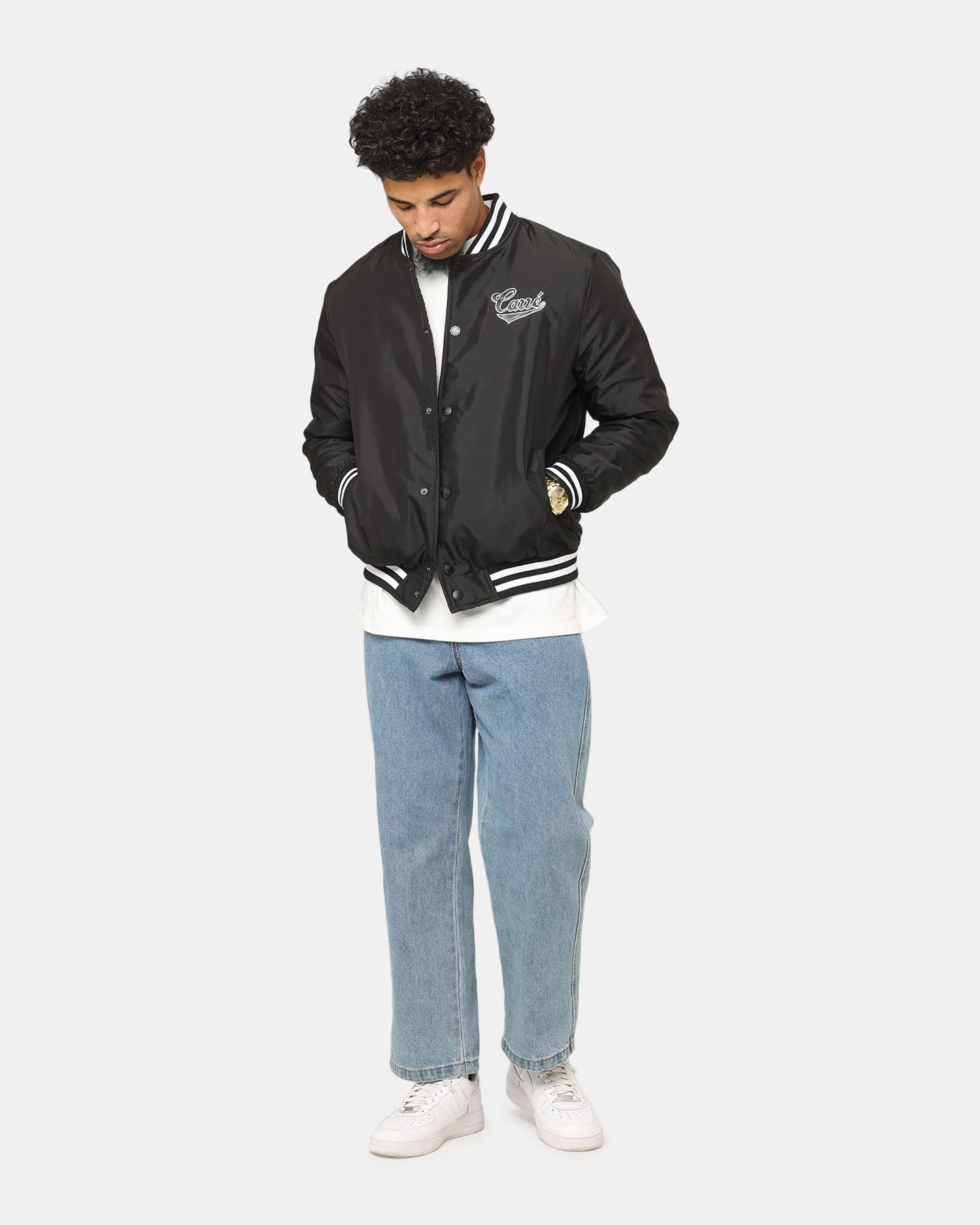 Reinforced Shoulders Active Edge Carre Team Puffer Varsity Jacket Black/White