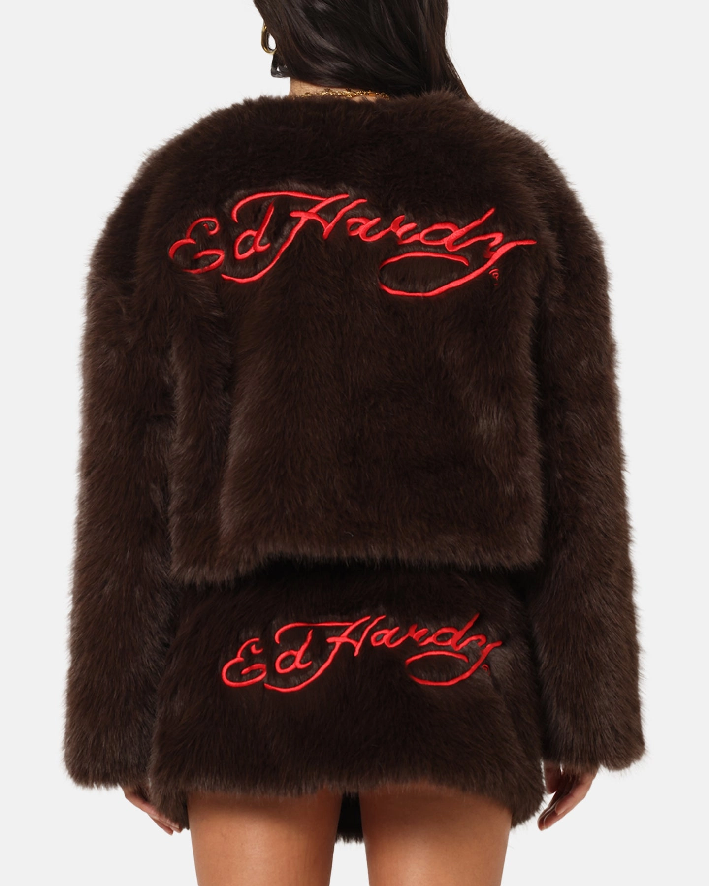 Cool Climate Ed Hardy Women's Faux Fur Jacket Brown