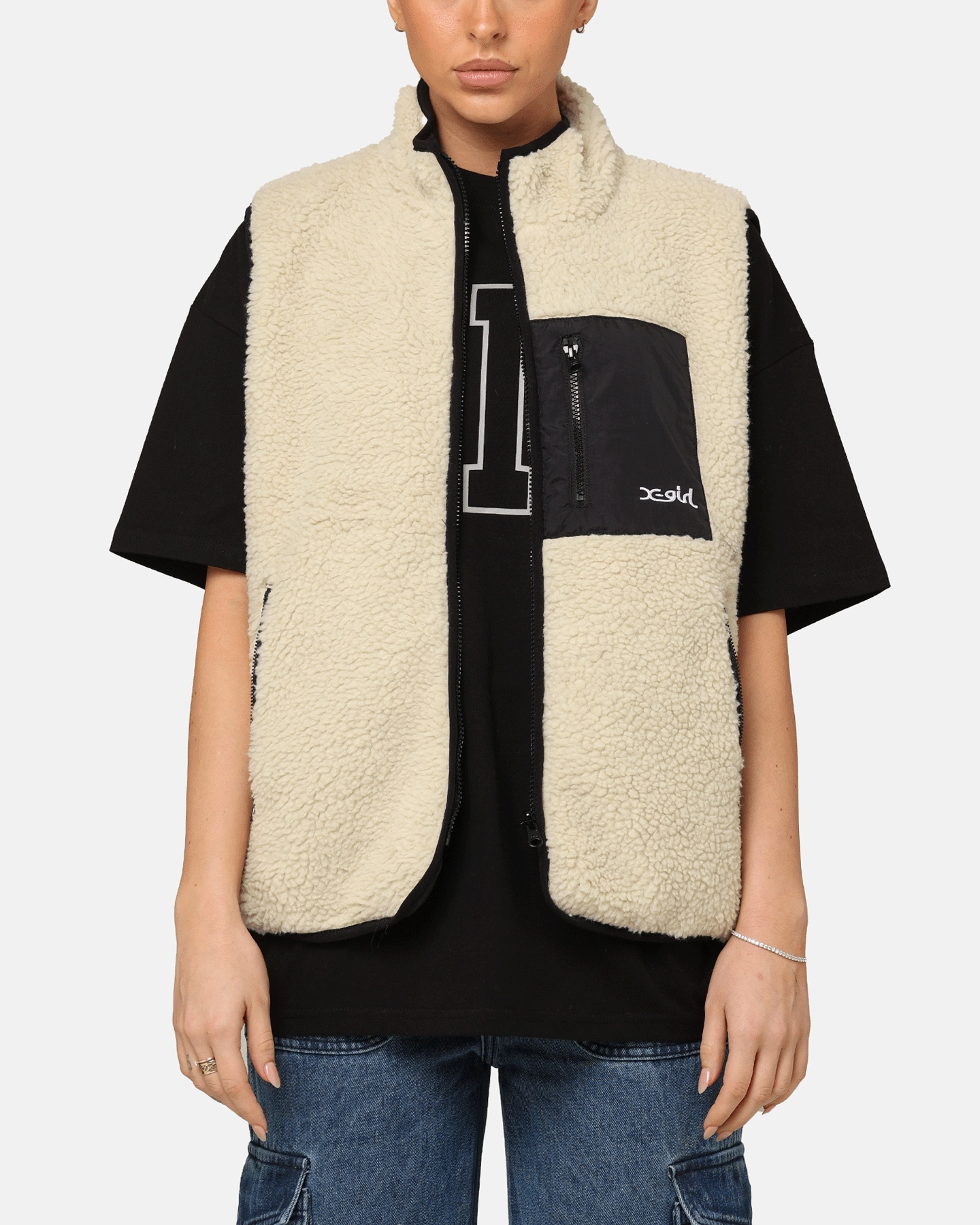 Designer X-Girl Women's Reversible Core Sherpa Vest Cream