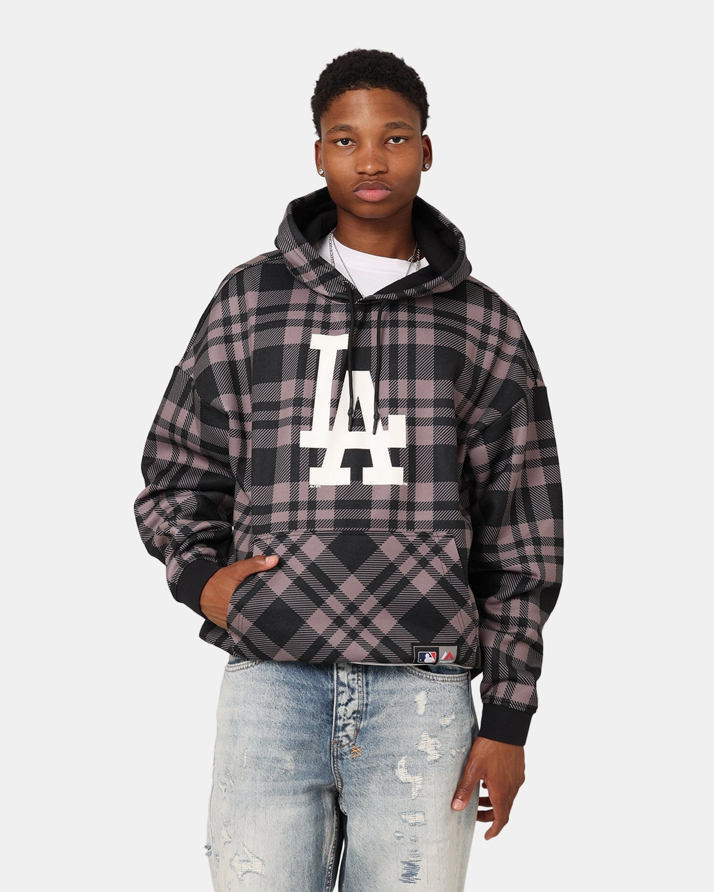 Majestic Athletic Los Angeles Dodgers Check Logo Hoodie Faded Black Dual Layer Ventilation scarf