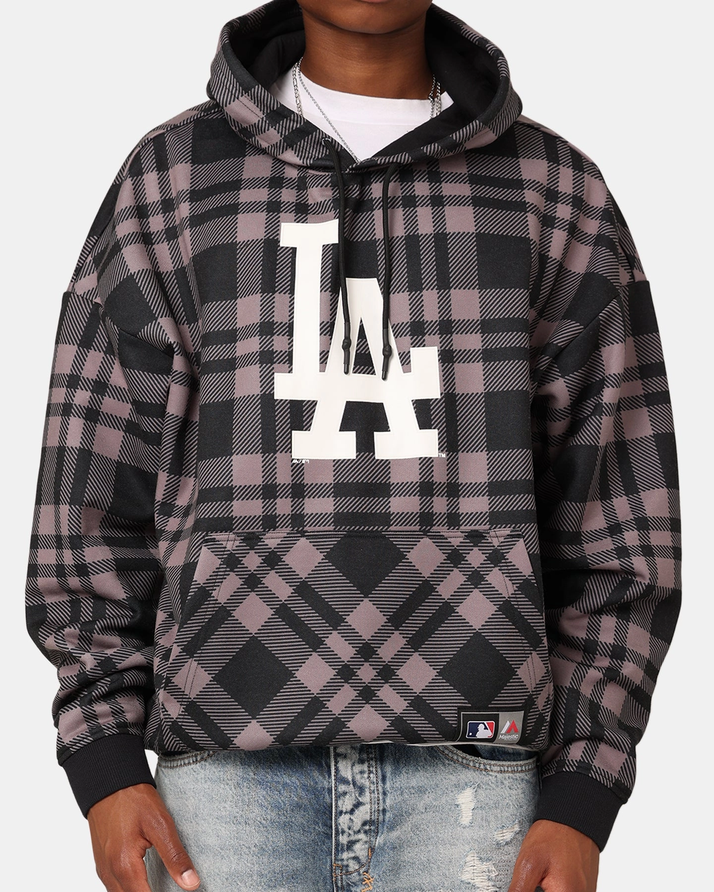 Majestic Athletic Los Angeles Dodgers Check Logo Hoodie Faded Black License Breathable mesh lining