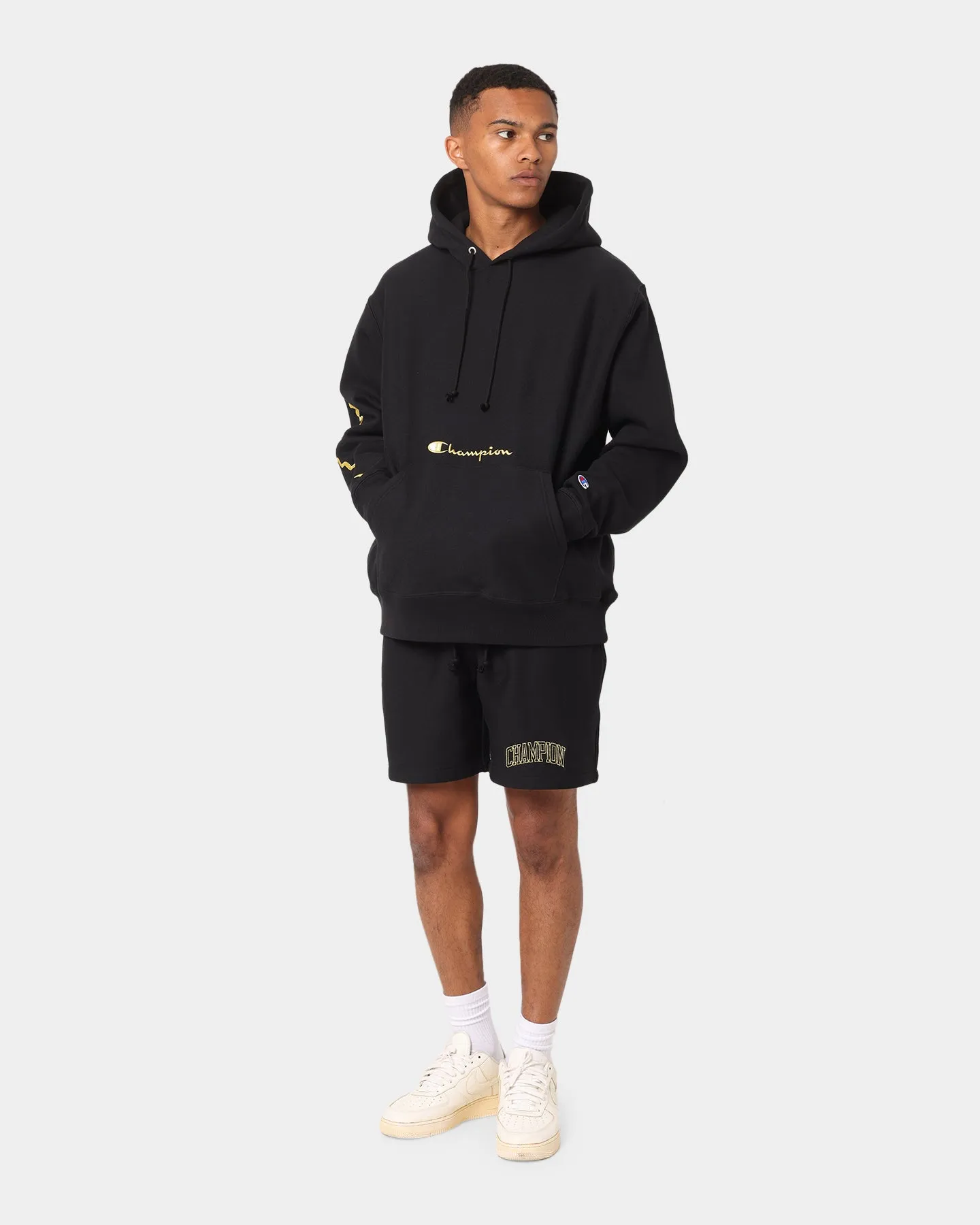 Champion Men's Rev Weave Script Hoodie Black/Gold Regular Fit Job