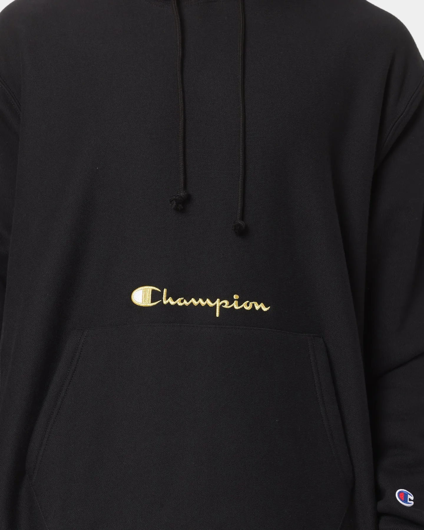 Comb Champion Men's Rev Weave Script Hoodie Black/Gold