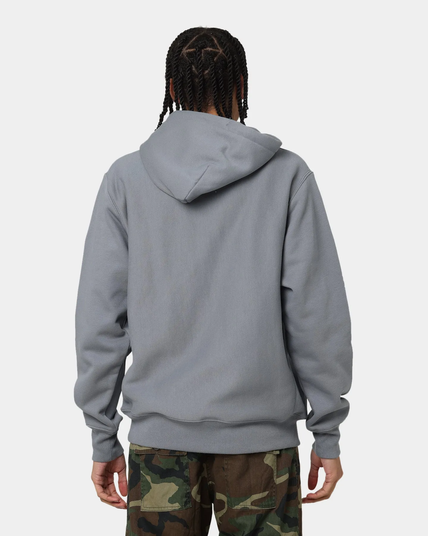Champion Reverse Weave Arch Logo Hoodie Calico Grey Dual Zipper System Seamless Seams