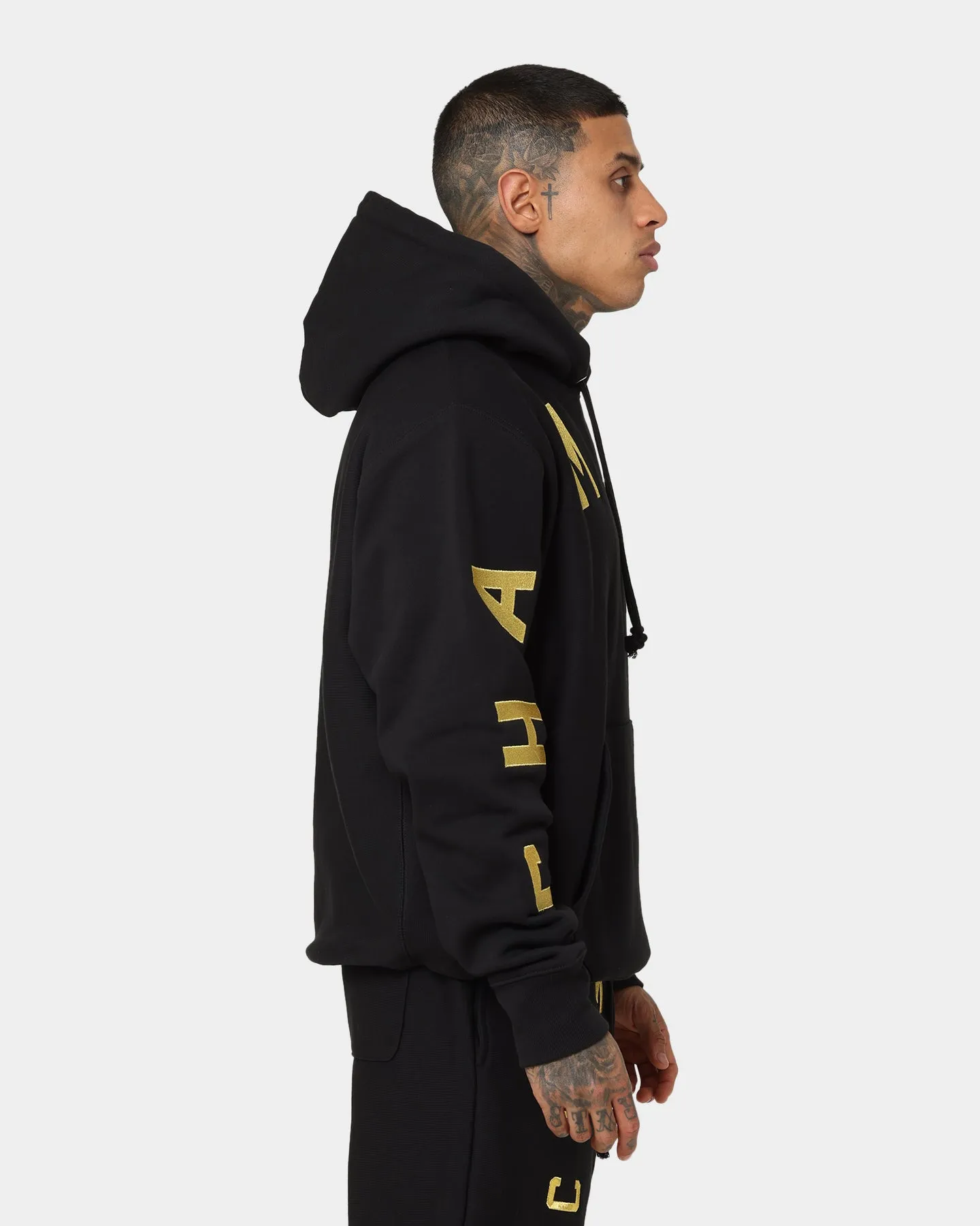 Champion Reverse Weave Large Arch Hoodie Black/Gold GloveFriendly Cuff Design Zip-up