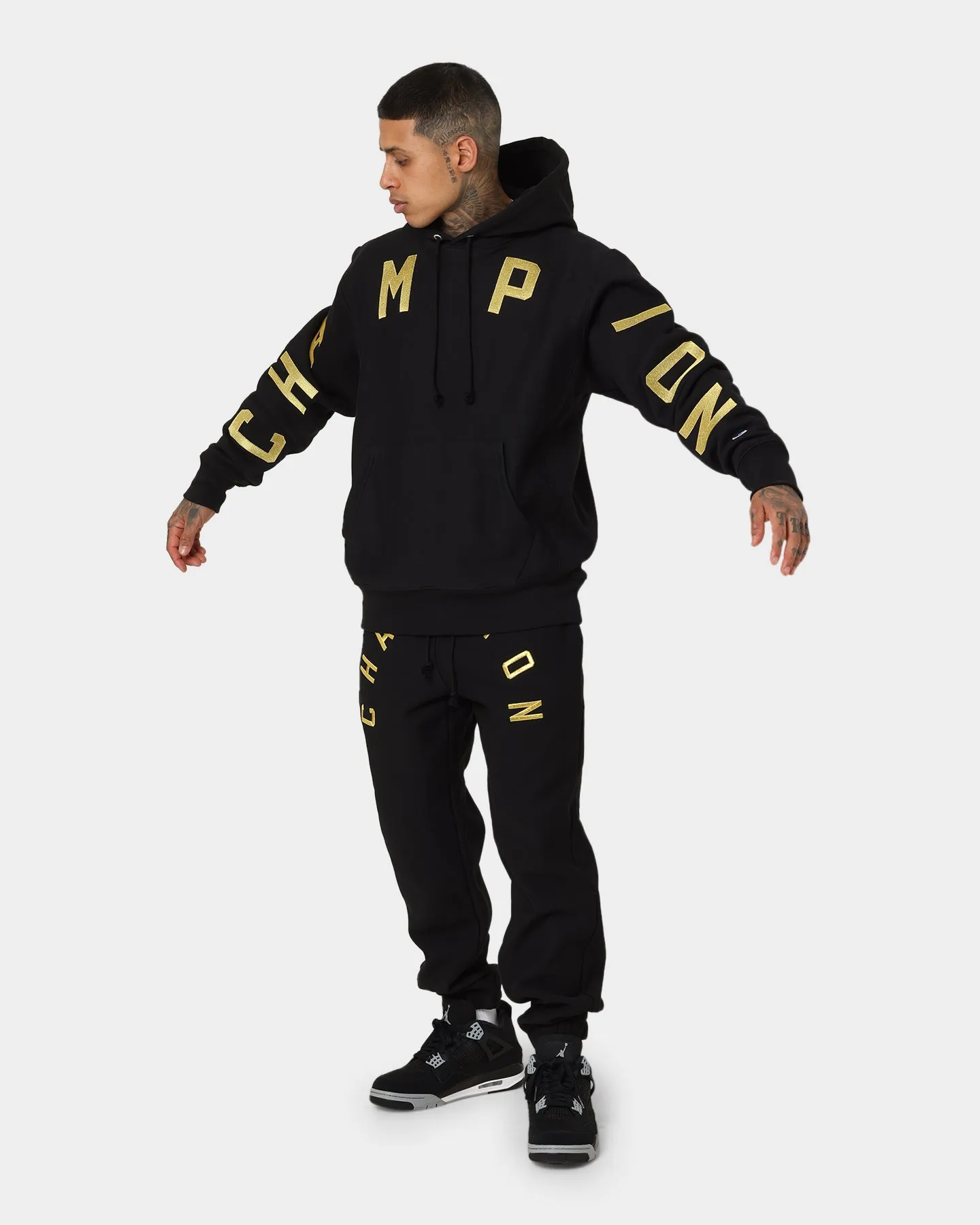 Champion Reverse Weave Large Arch Hoodie Black/Gold restaurant