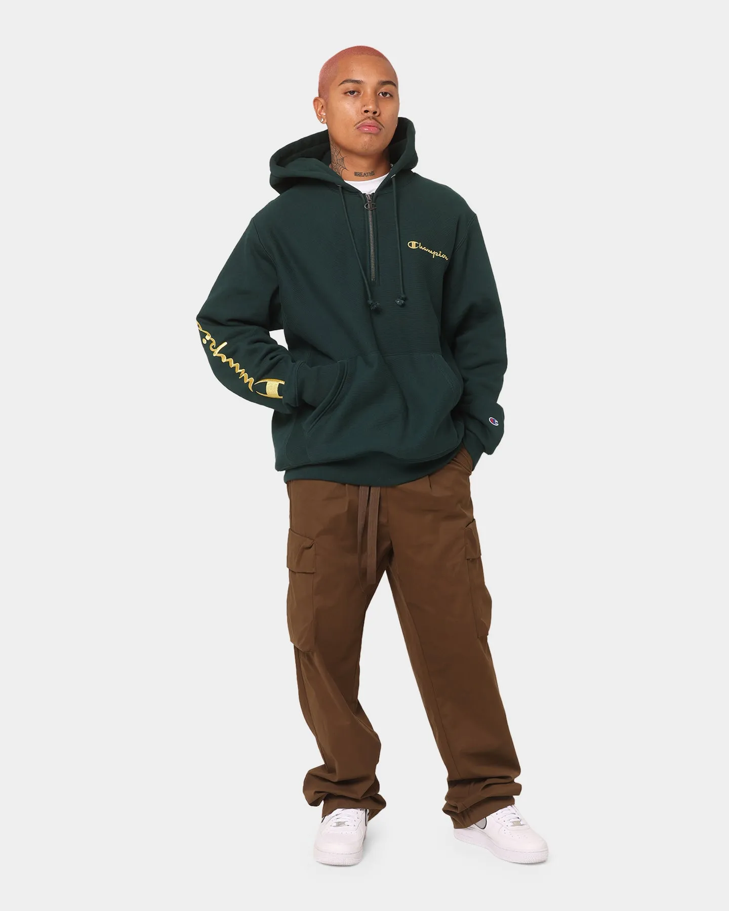 Champion Reverse Weave Quarter Zip Hoodie Midfield Green Flexible Seams Short