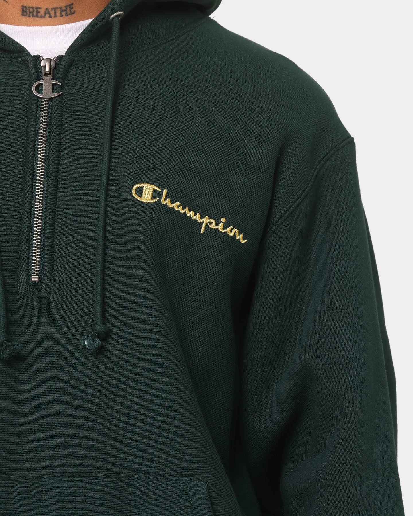 Champion Reverse Weave Quarter Zip Hoodie Midfield Green Record Rain Blocker