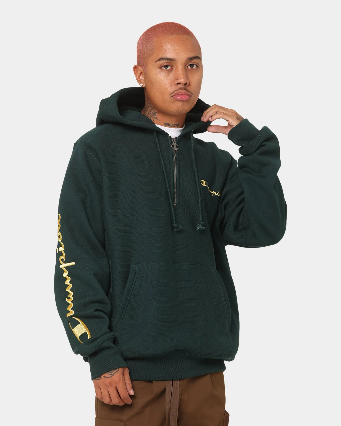 Thermal Reflective Lining Champion Reverse Weave Quarter Zip Hoodie Midfield Green