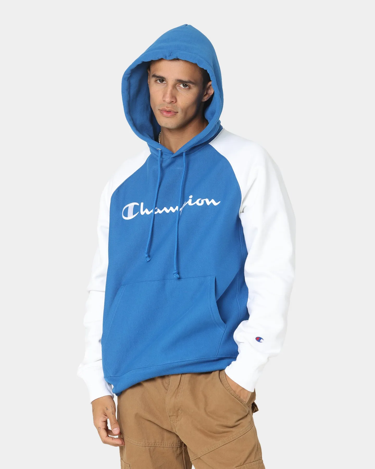 Champion Reverse Weave Raglan Hoodie Living In Blue Hooded Storage Compartment