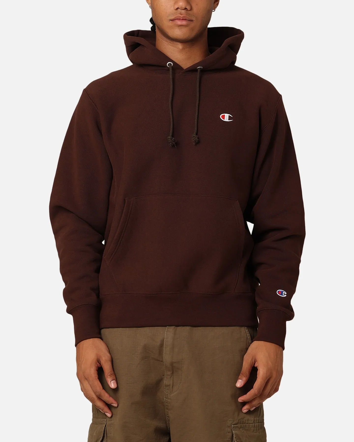 NonIrritating Tagless Neck Champion Reverse Weave Small C Hoodie Brown