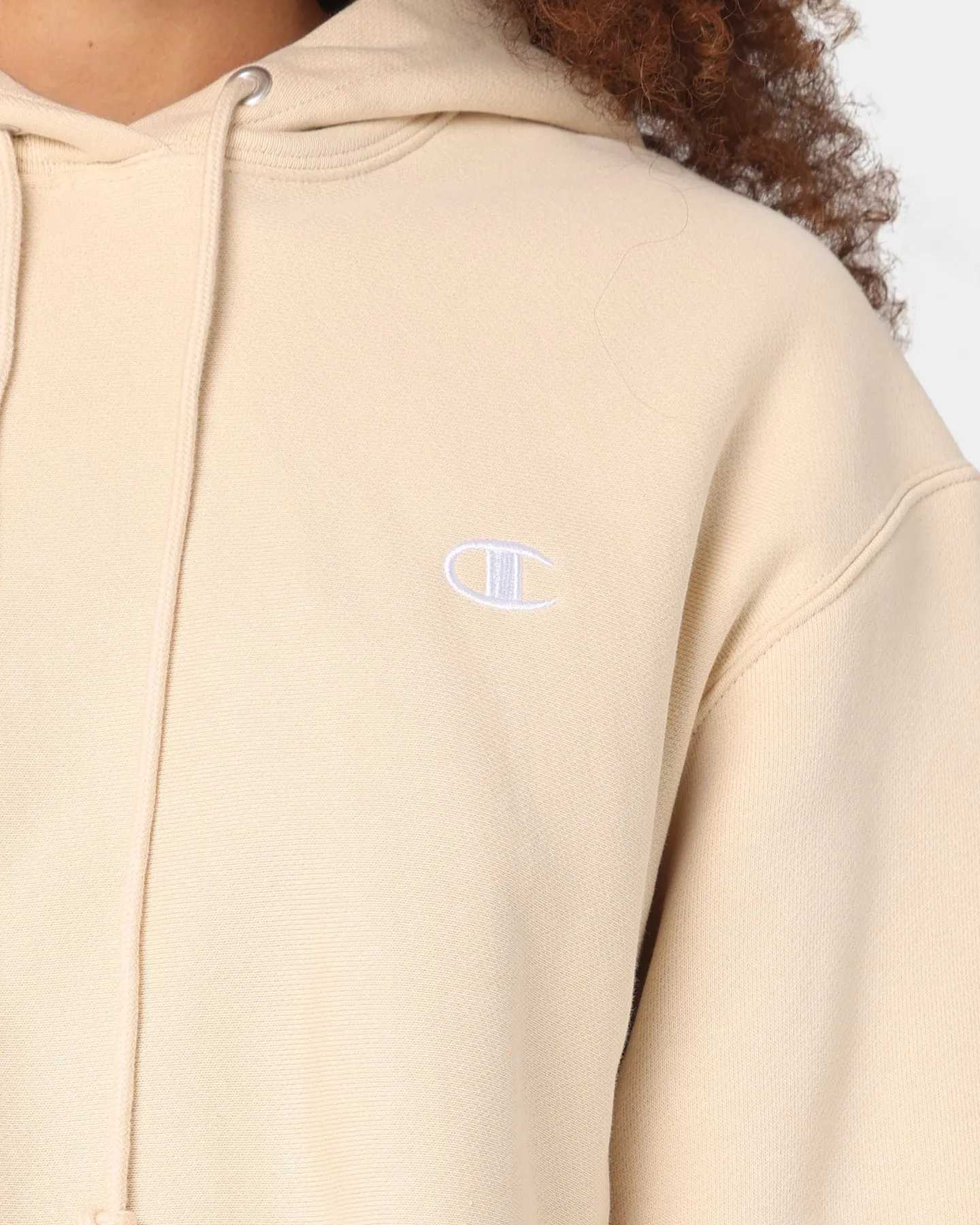 Champion Women's RW Cropped Hoodie Warming Beige Light Reflective Display
