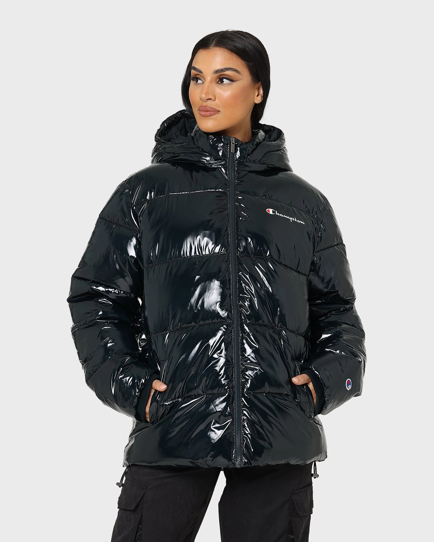 hiker artists Champion High Shine Puffer Jacket Black