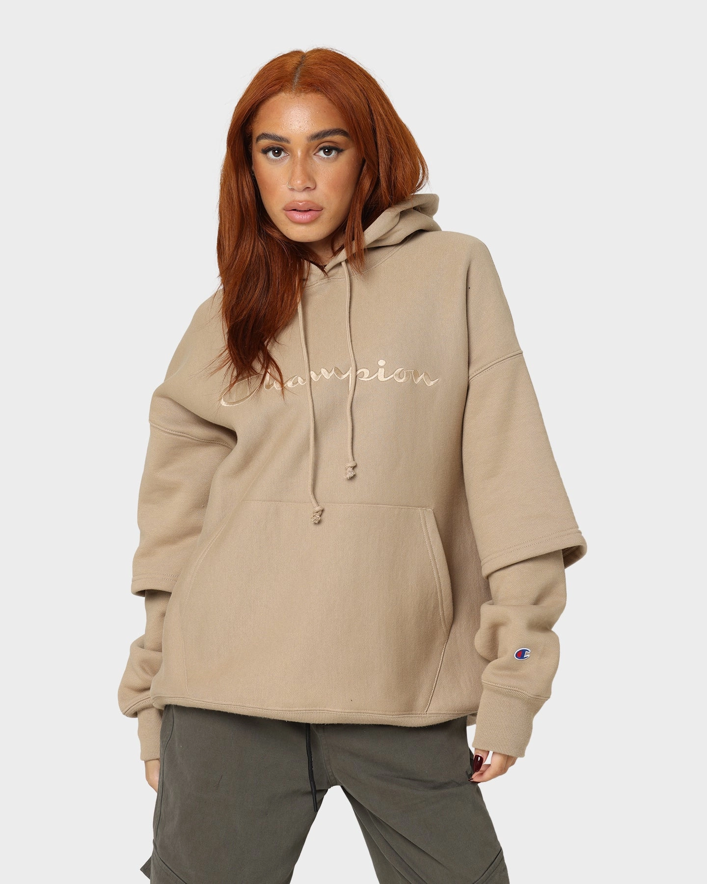 Perforated Details Champion Reverse Weave Double Layer Hoodie Country Walnut