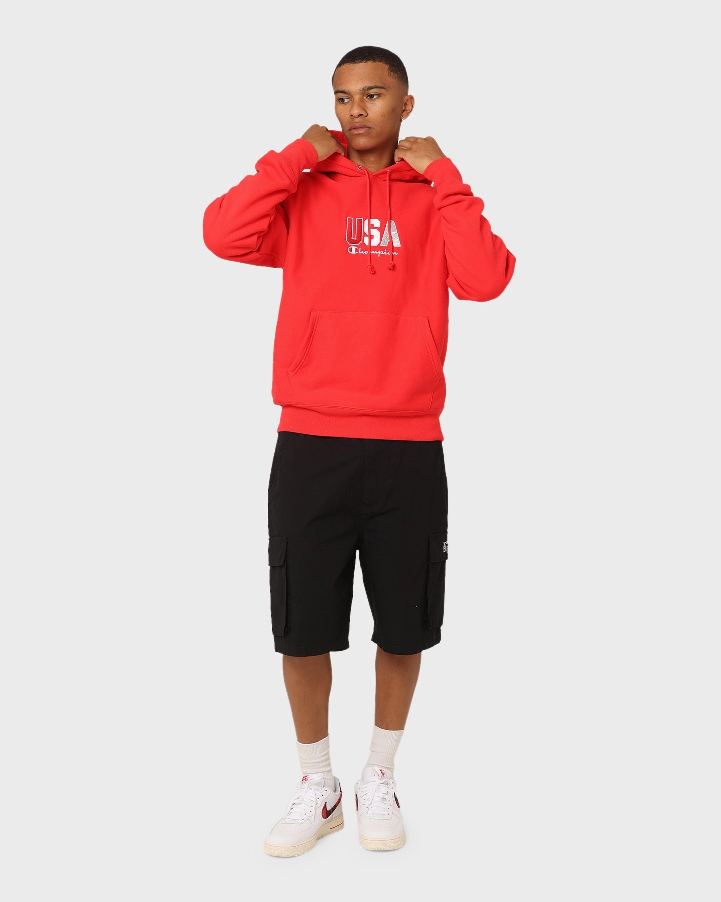 Champion Reverse Weave USA Hoodie Red Spark Csi Ergonomic Cut
