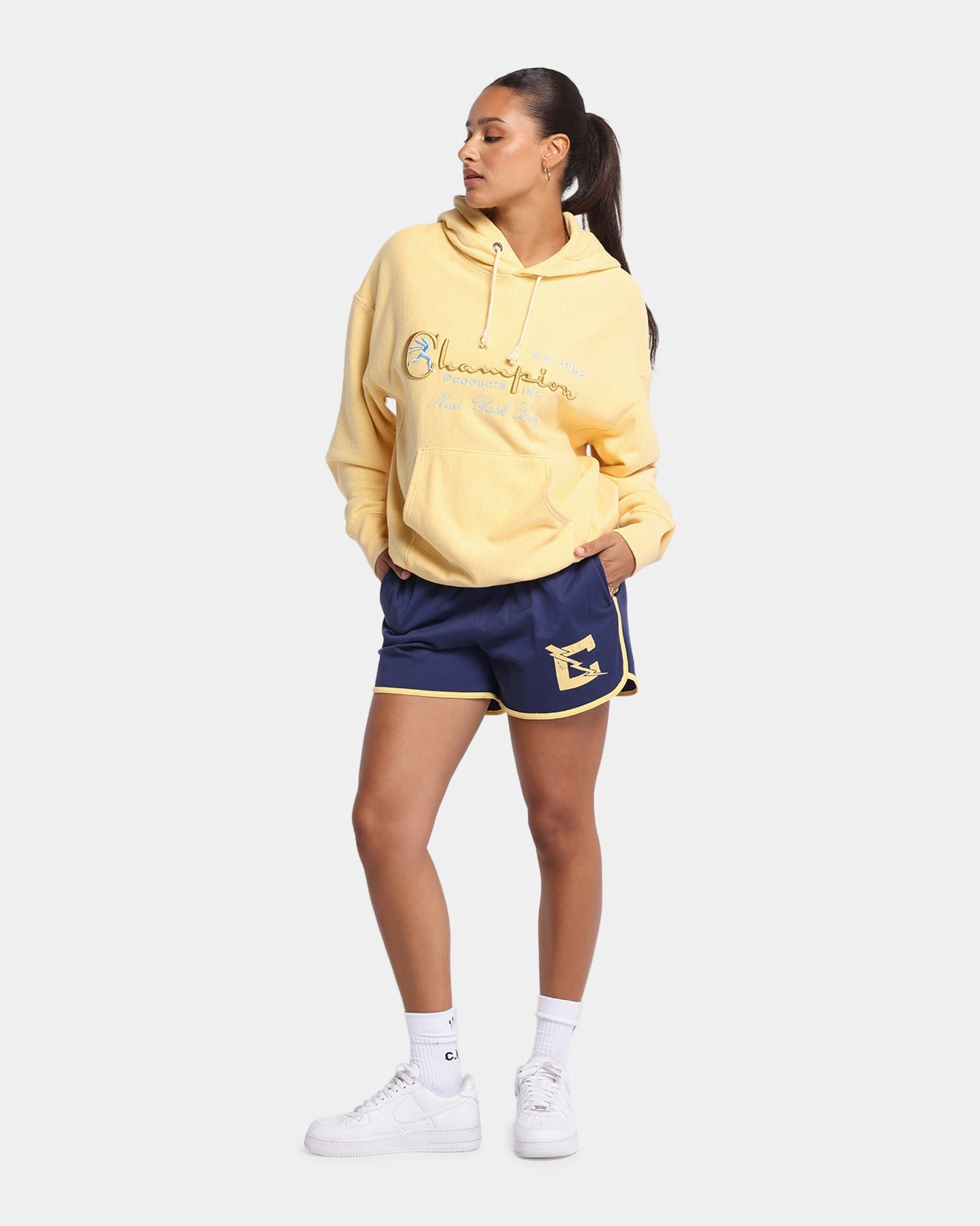 Champion Vintage Logo Sweatshirt Hoodie Yellow Rain Comfort Suspenders