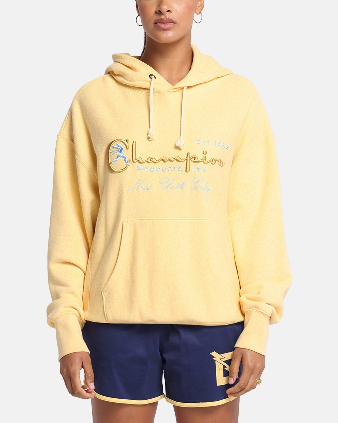 Champion Vintage Logo Sweatshirt Hoodie Yellow Winter Shield Party outfit