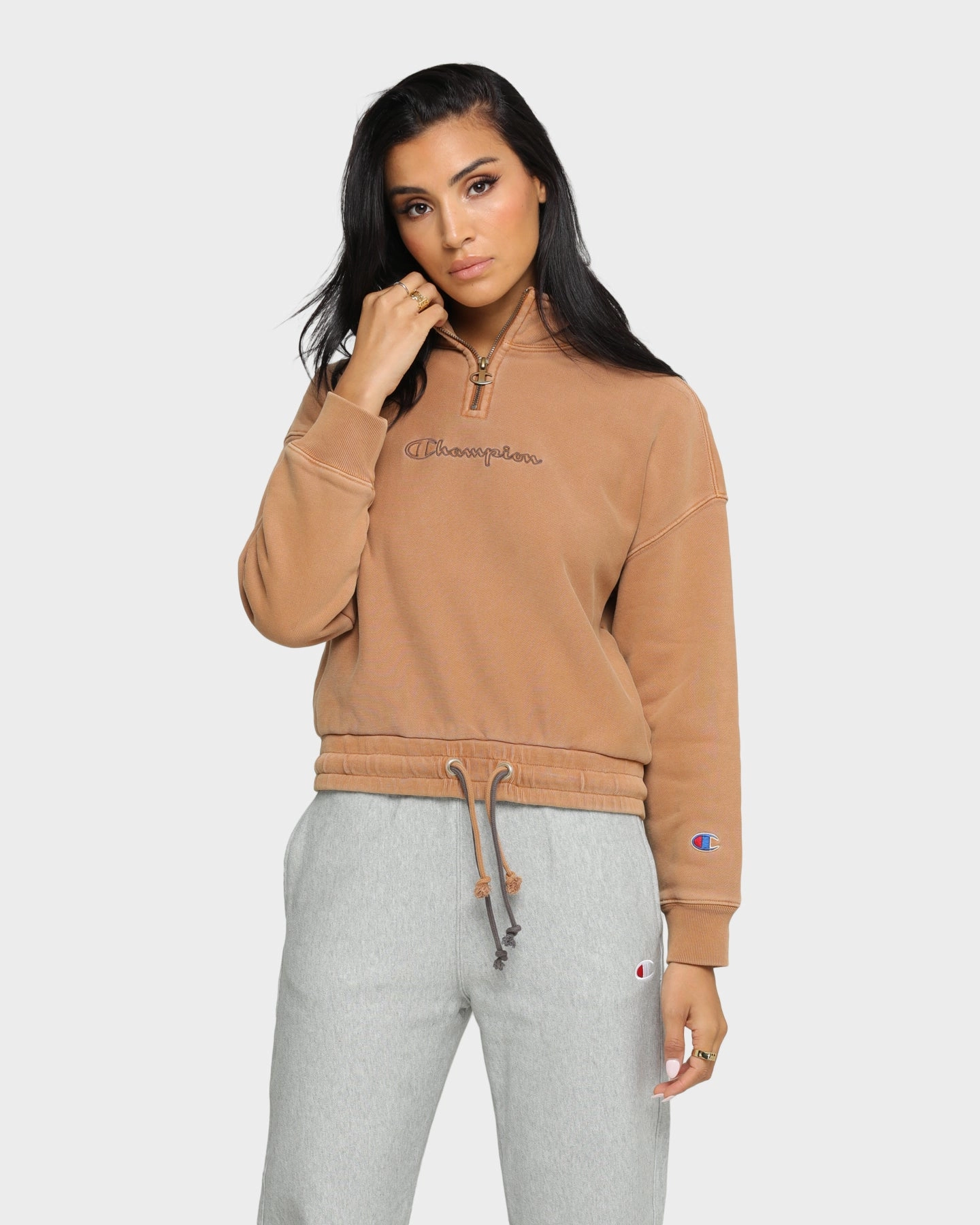 Compliment Champion Women's Rev Weave Garment Dye Quarter Zip Pullover Burnt Caramel