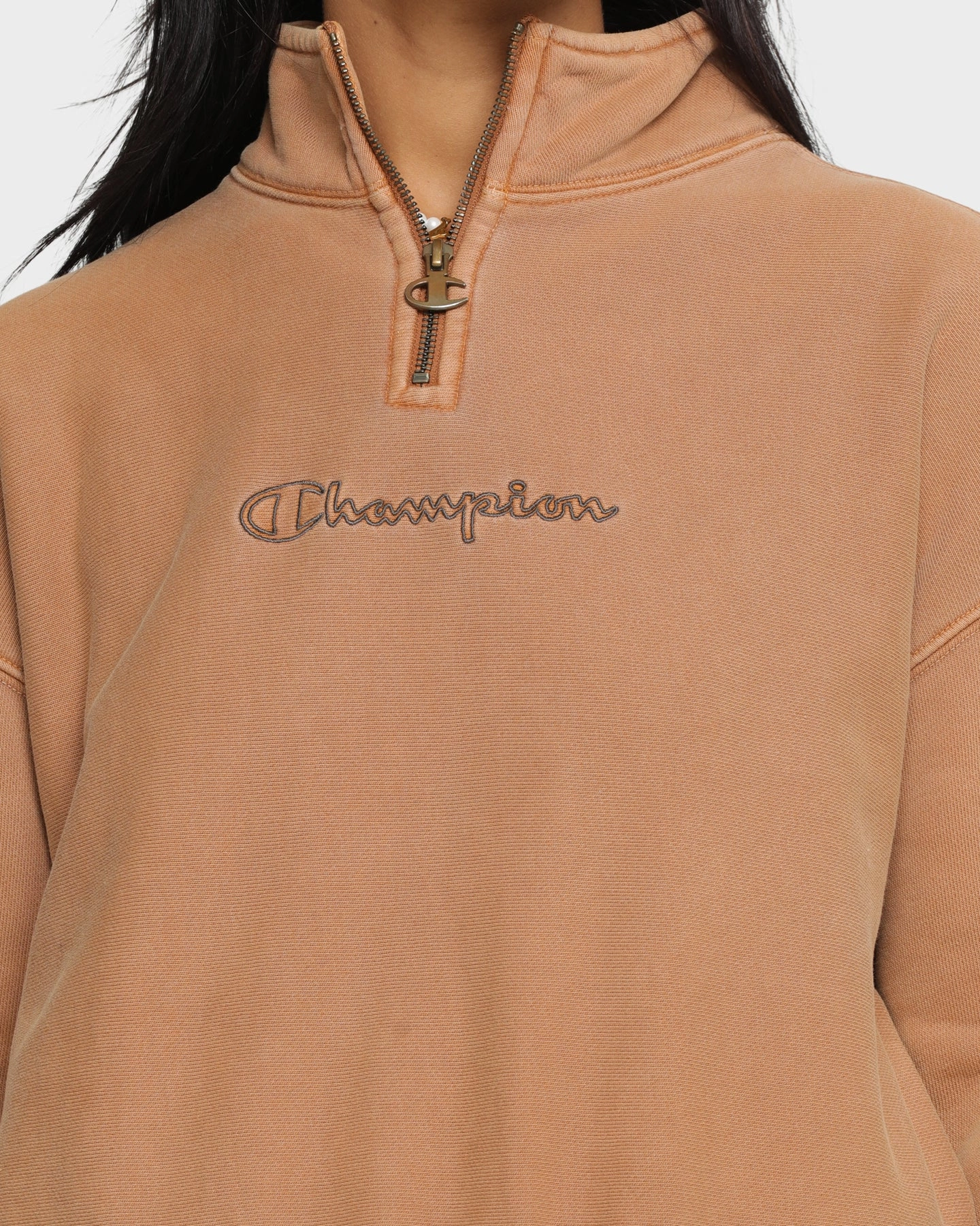 Adaptive Fit Win Champion Women's Rev Weave Garment Dye Quarter Zip Pullover Burnt Caramel