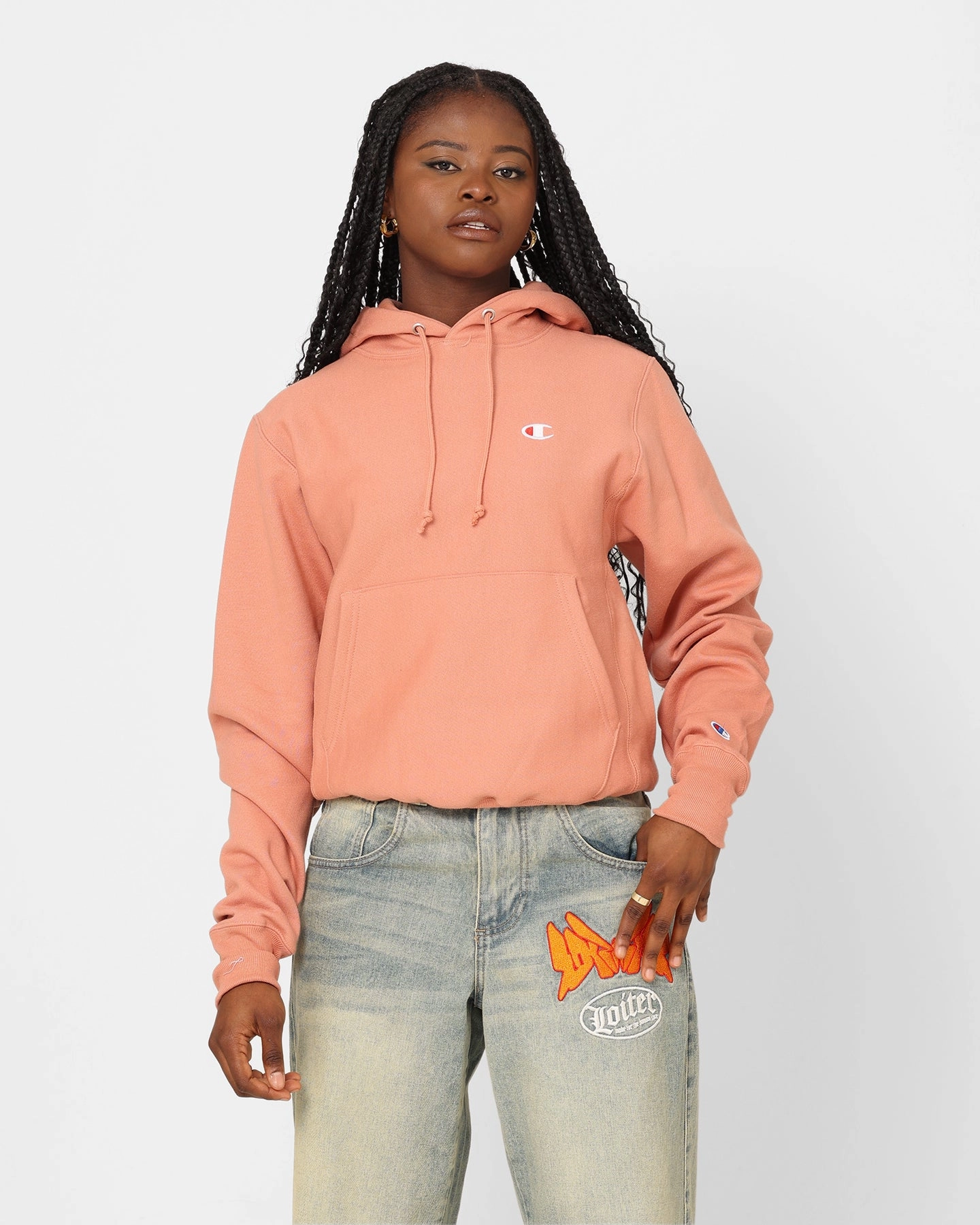 Champion Women's Reverse Weave Small C Oversized Hoodie Timeless Coral campers Art