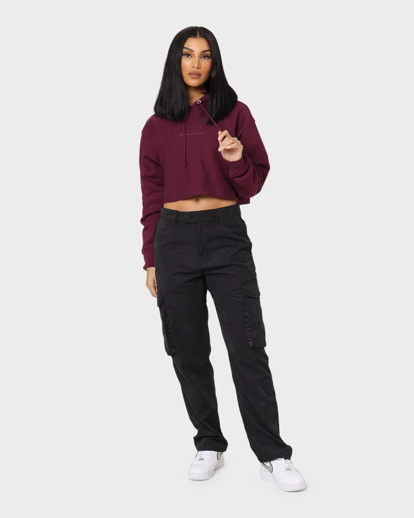 Champion Women's Reverse Weave Tonal Crop Hoodie Dark Berry Purple HydrationCompatible Pocket