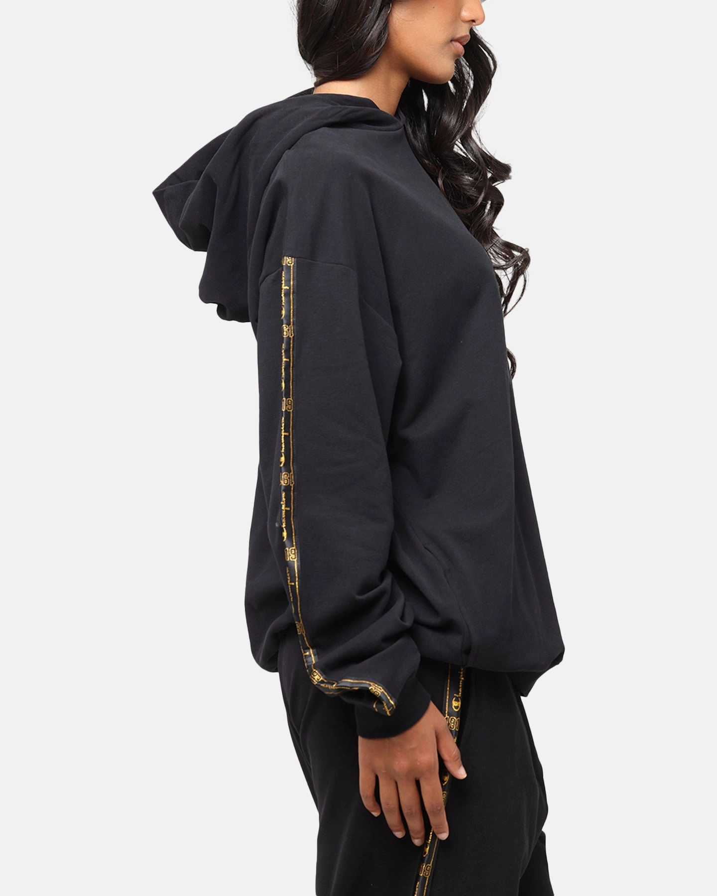 Sleeve Detail Sporty Style Champion Lux Taping Hoodie Black