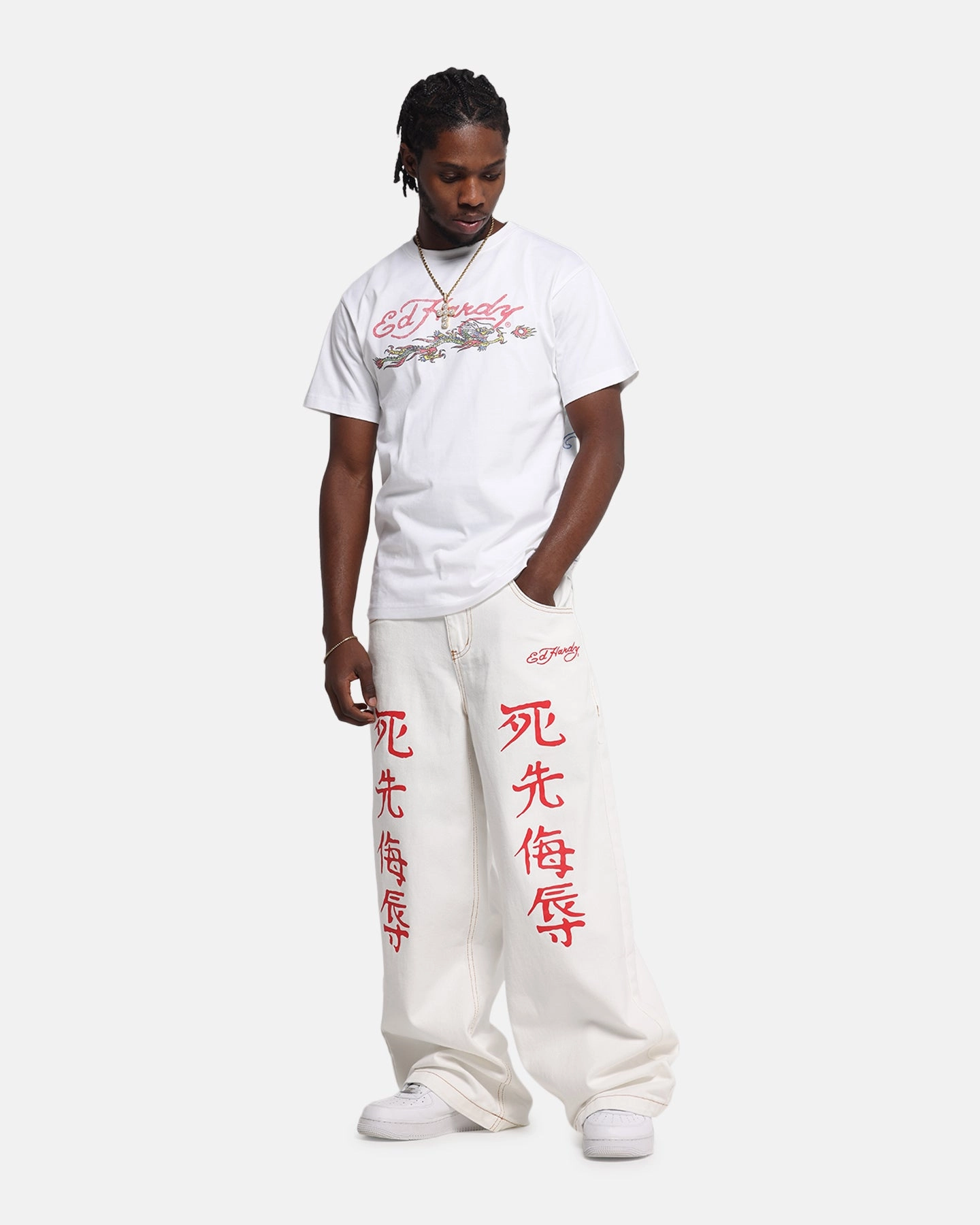 Street Style Ed Hardy Death Before Dishonour Jeans Off White