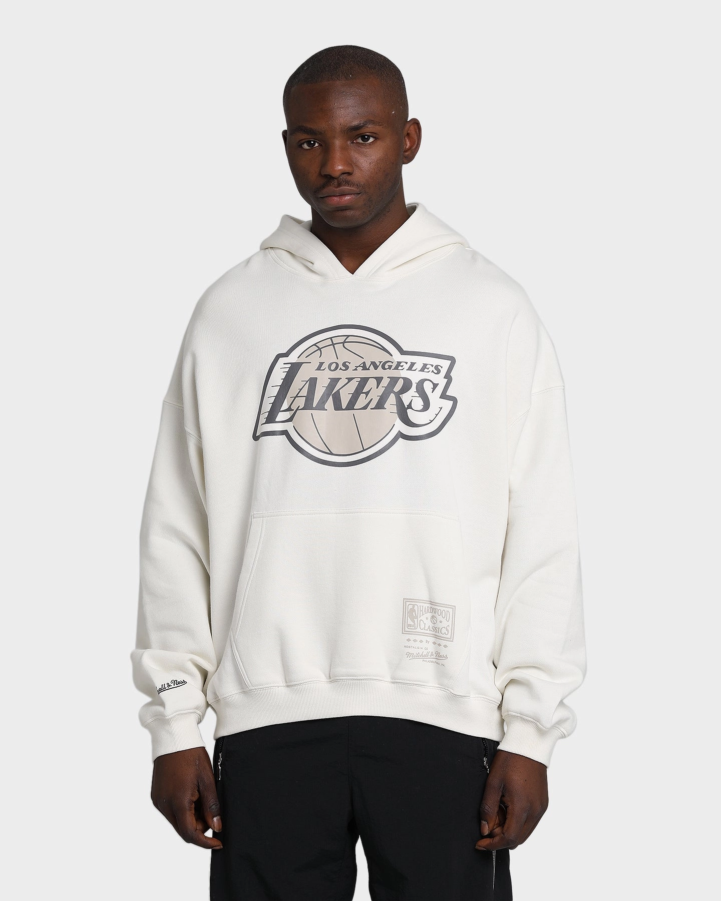 Mitchell & Ness Los Angeles Lakers Bleach Logo Hoodie Unbleached Stretch Knit Fabric Compression Fold Design