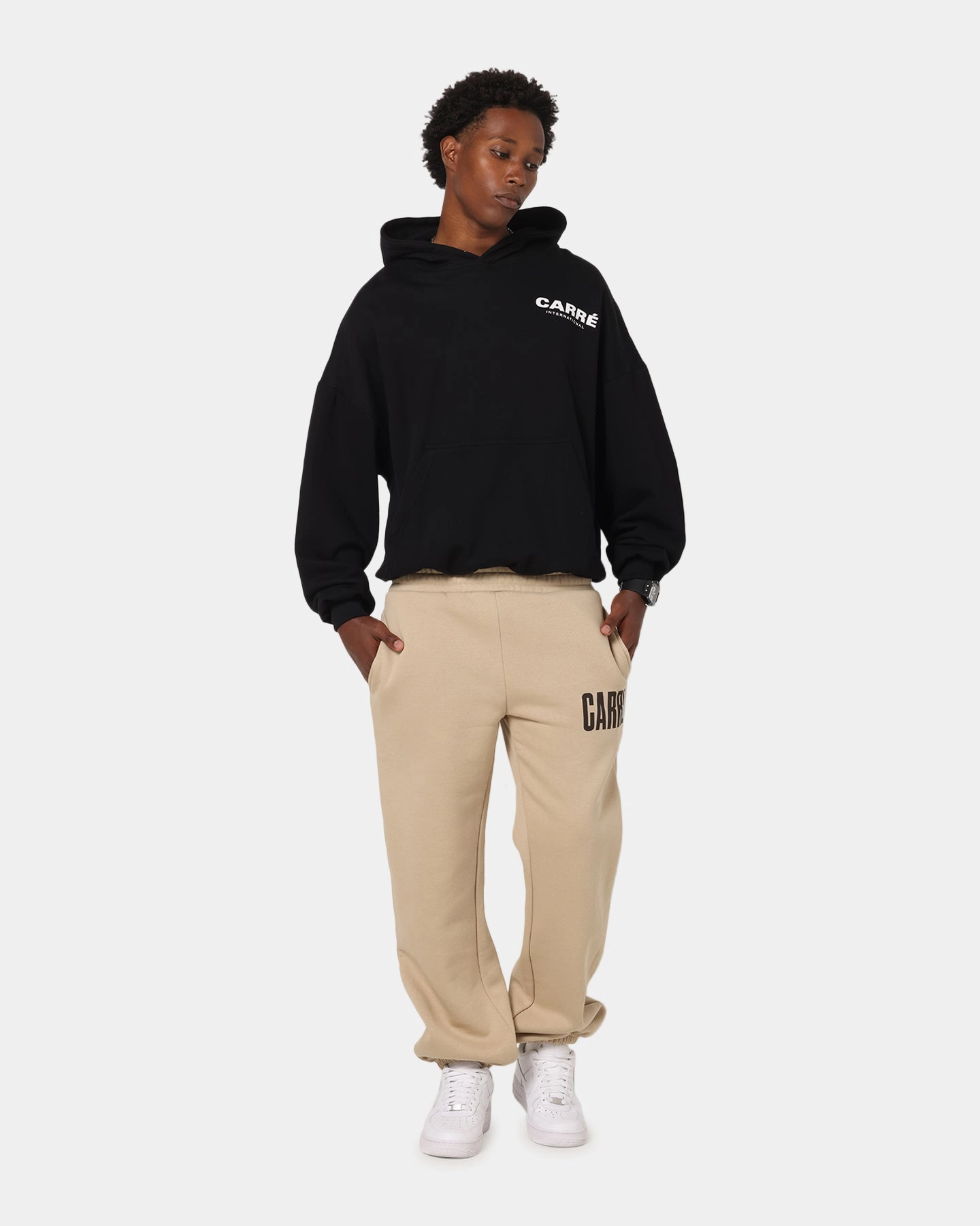 Adjustable Drawstring Hood Carre International Hoodie Black